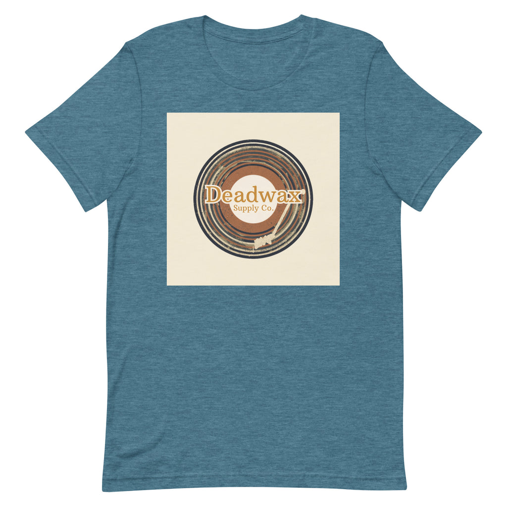 Deadwax Tonearm Tee in heather deep teal – vinyl record collector t-shirt with tonearm and record logo