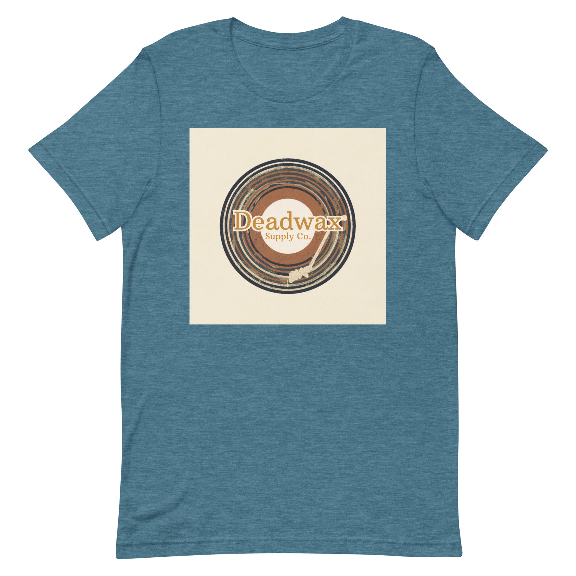 Deadwax Tonearm Tee in heather deep teal – vinyl record collector t-shirt with tonearm and record logo