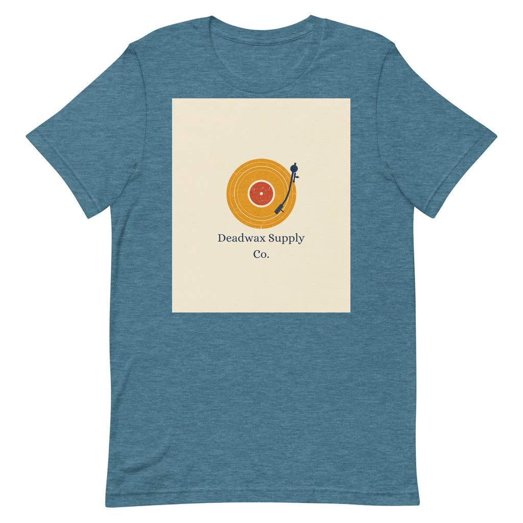 Deadwax Tonearm Tee in heather deep teal – vinyl record collector t-shirt with tonearm and record logo