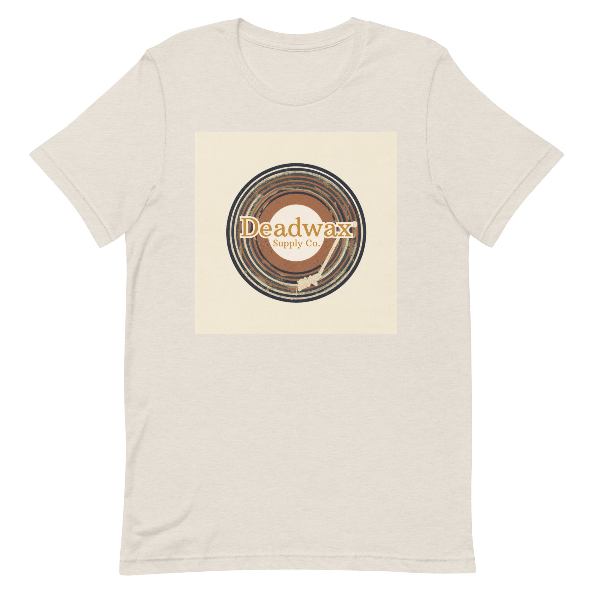 Deadwax Tonearm Tee in heather dust – vinyl record collector t-shirt with tonearm and record logo