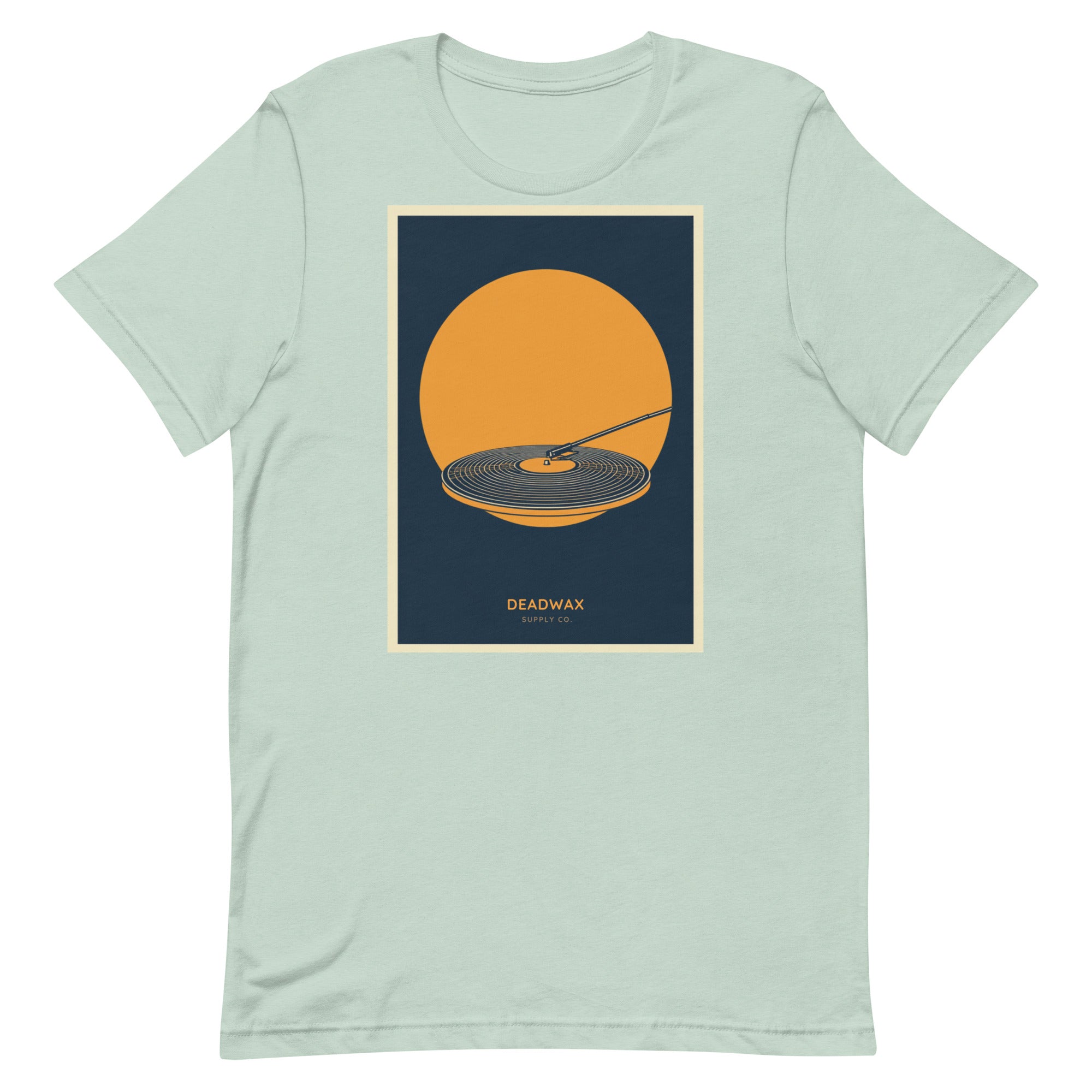 Deadwax Tonearm Tee in heather dusty blue – vinyl record collector t-shirt with tonearm and record logo