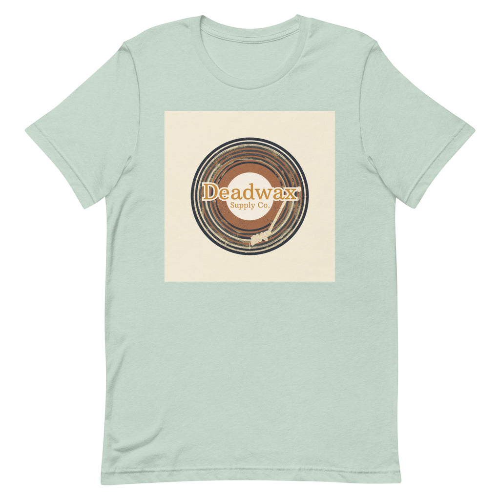 Deadwax Tonearm Tee in heather dusty blue – vinyl record collector t-shirt with tonearm and record logo