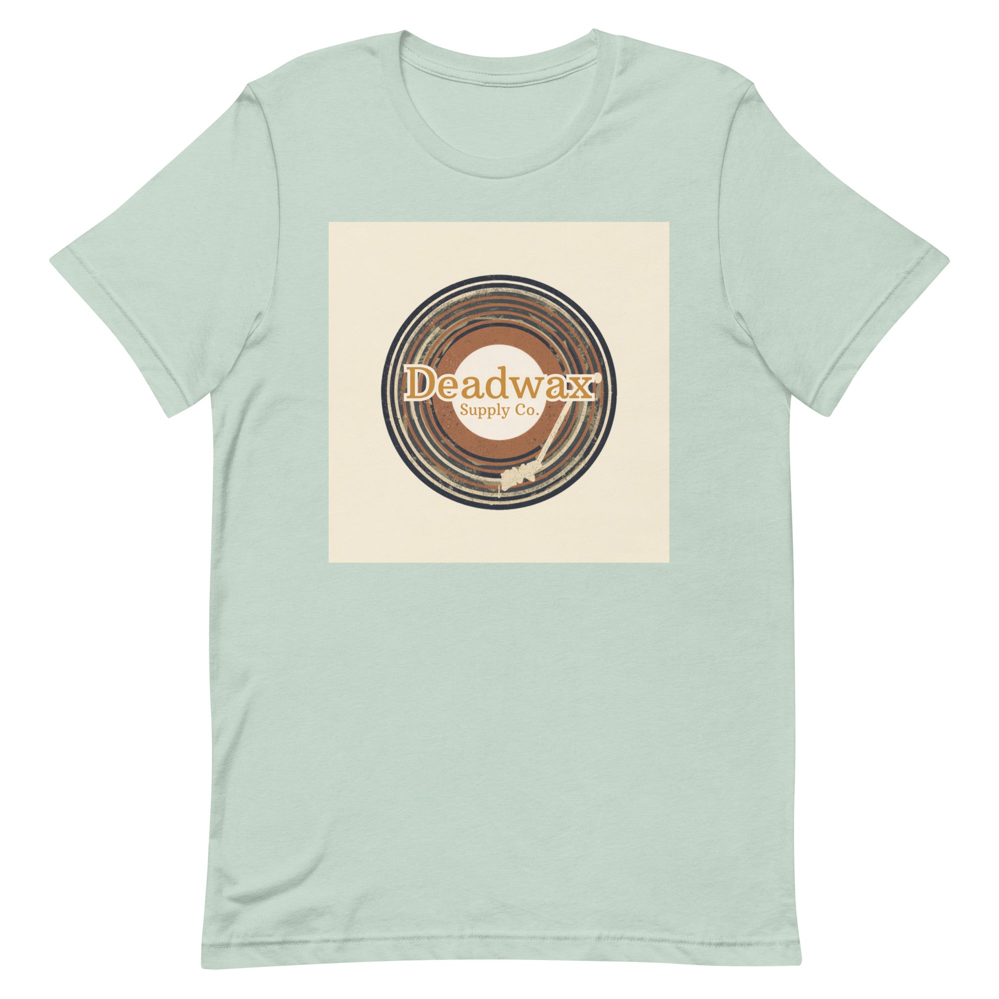 Deadwax Tonearm Tee in heather dusty blue – vinyl record collector t-shirt with tonearm and record logo