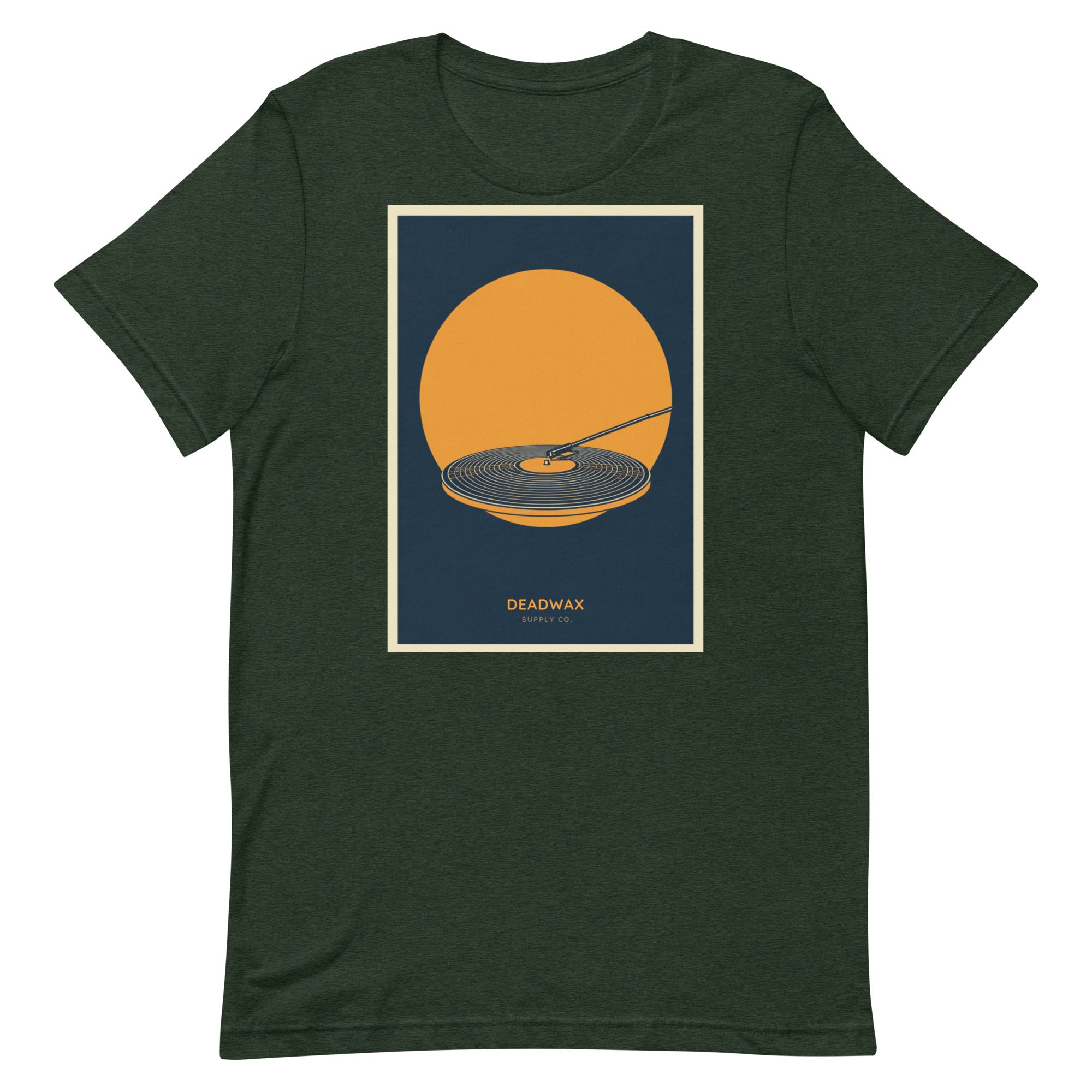 Deadwax Tonearm Tee in heather emerald – vinyl record collector t-shirt with tonearm and record logo