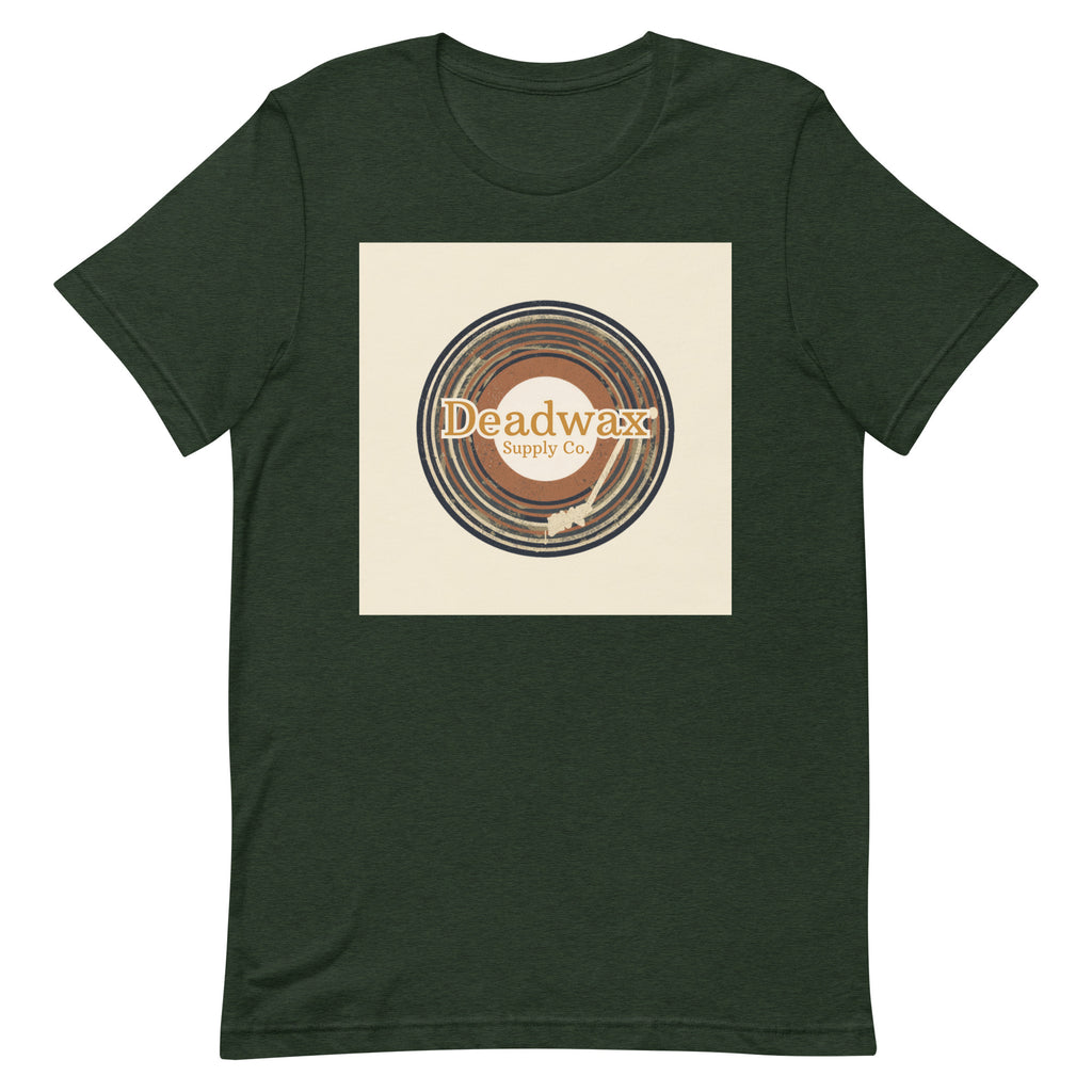 Deadwax Tonearm Tee in heather emerald – vinyl record collector t-shirt with tonearm and record logo