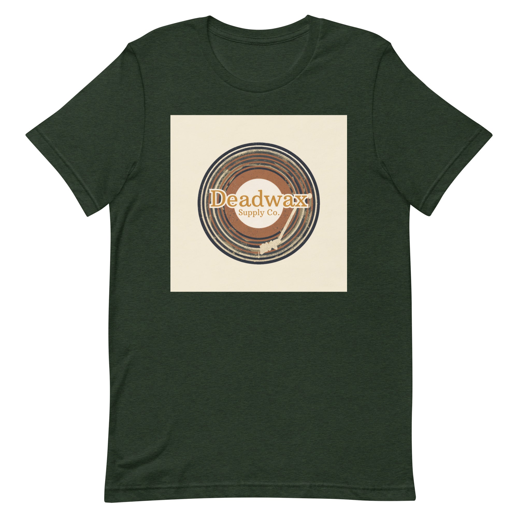 Deadwax Tonearm Tee in heather emerald – vinyl record collector t-shirt with tonearm and record logo