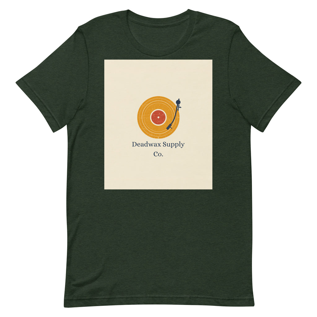 Deadwax Tonearm Tee in heather emerald – vinyl record collector t-shirt with tonearm and record logo