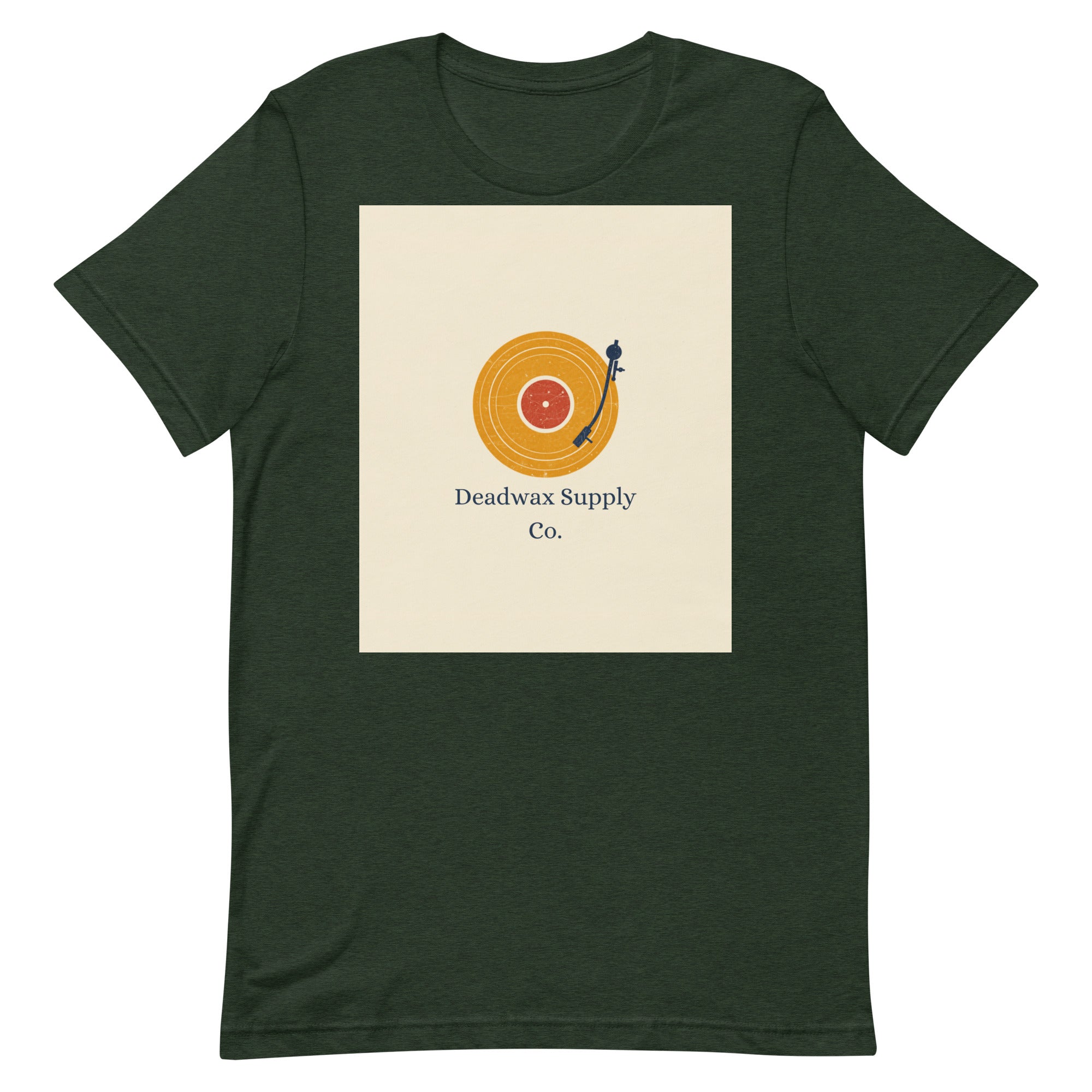 Deadwax Tonearm Tee in heather emerald – vinyl record collector t-shirt with tonearm and record logo