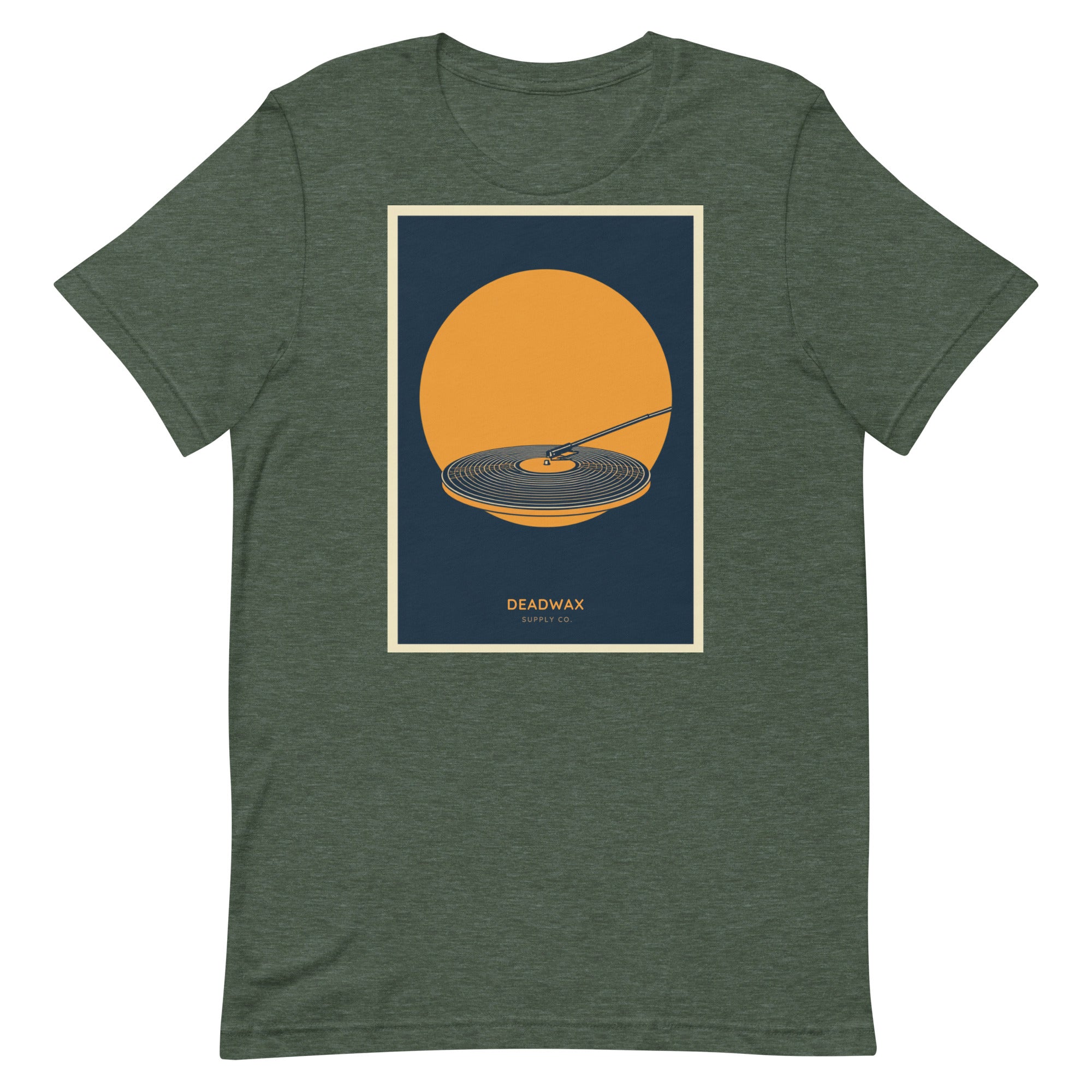Deadwax Tonearm Tee in heather forest – vinyl record collector t-shirt with tonearm and record logo