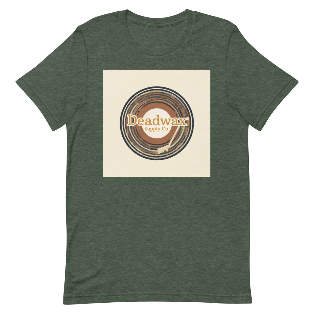 Deadwax Tonearm Tee in heather forest – vinyl record collector t-shirt with tonearm and record logo