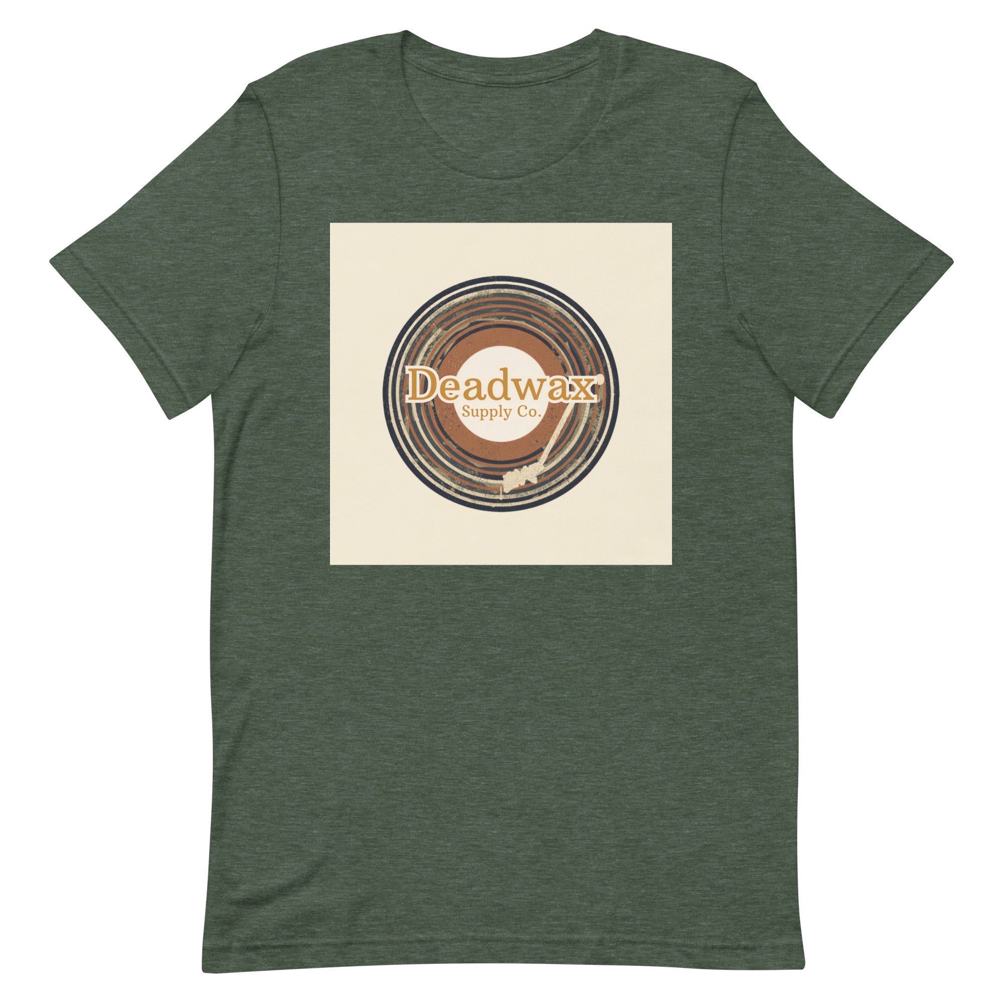 Deadwax Tonearm Tee in heather forest – vinyl record collector t-shirt with tonearm and record logo