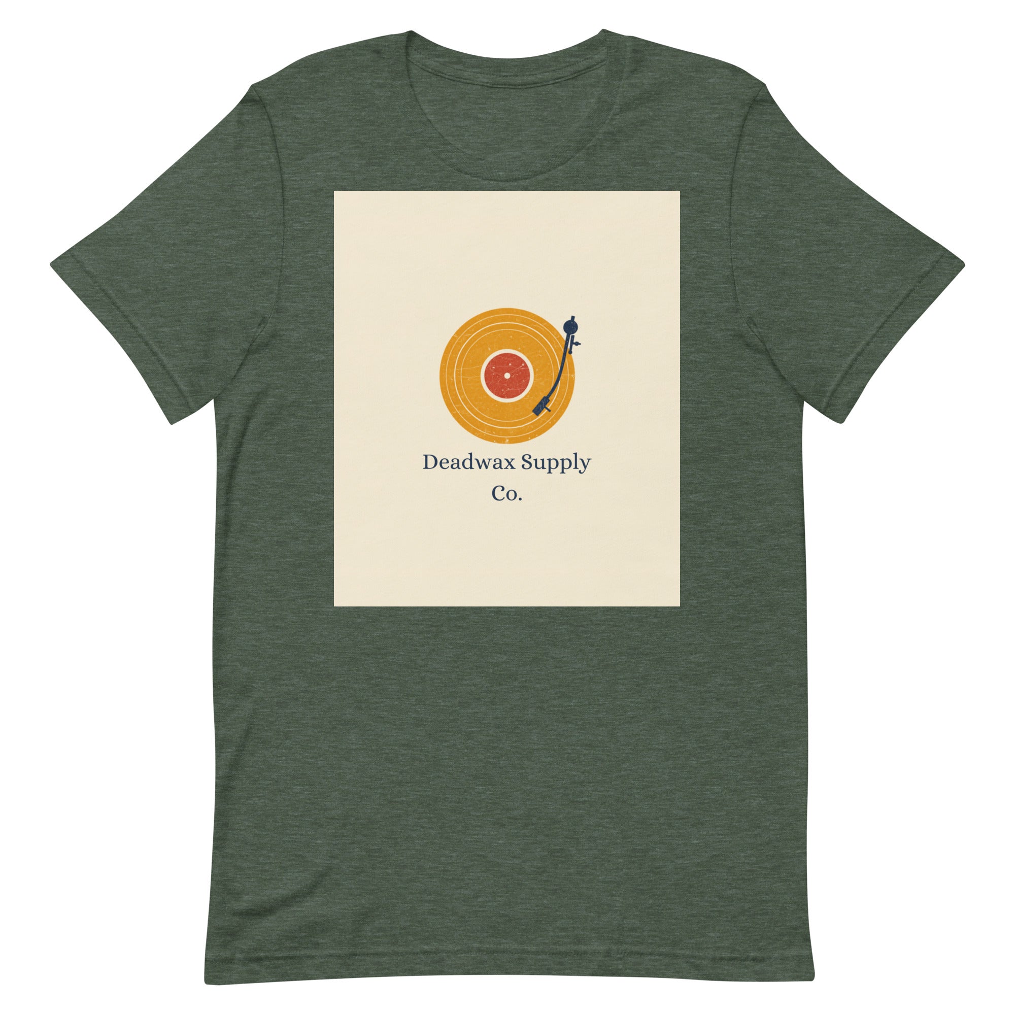Deadwax Tonearm Tee in heather forest – vinyl record collector t-shirt with tonearm and record logo