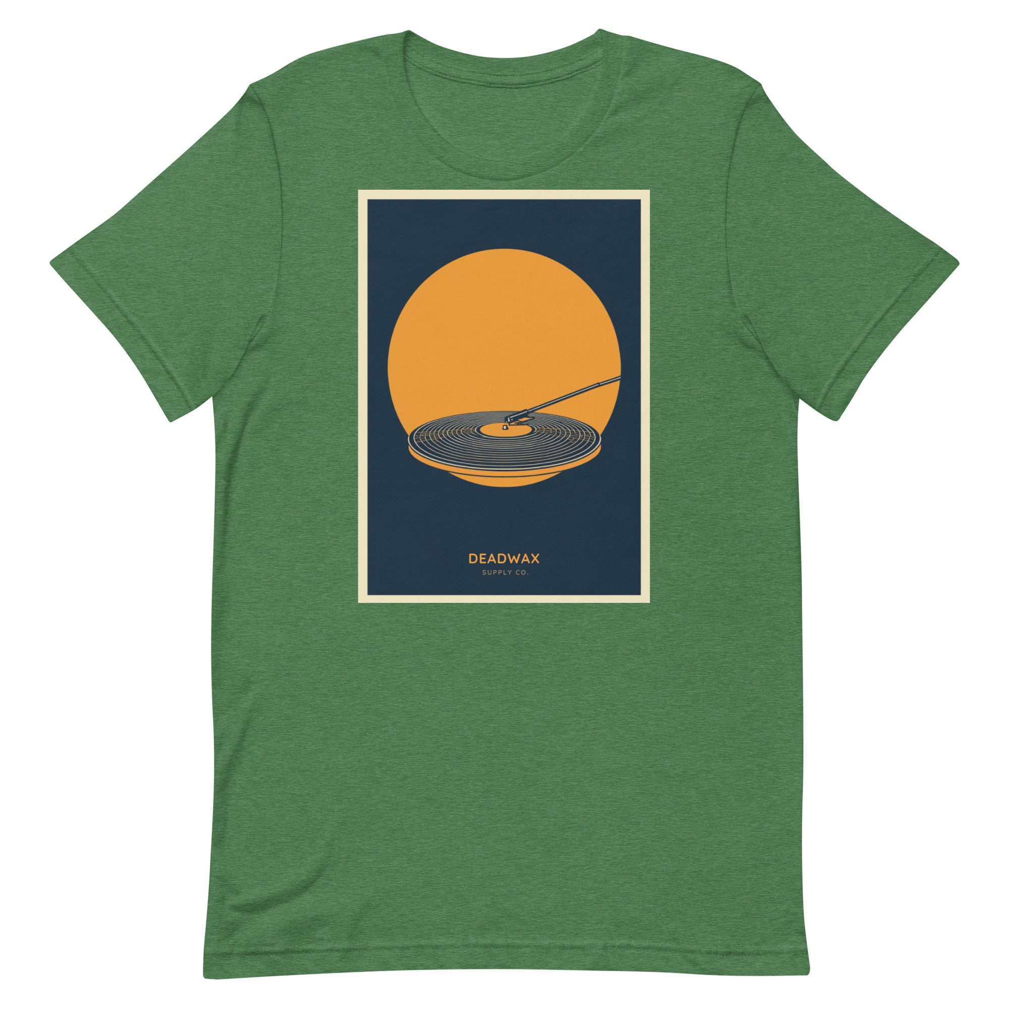 Deadwax Tonearm Tee in heather grass green – vinyl record collector t-shirt with tonearm and record logo