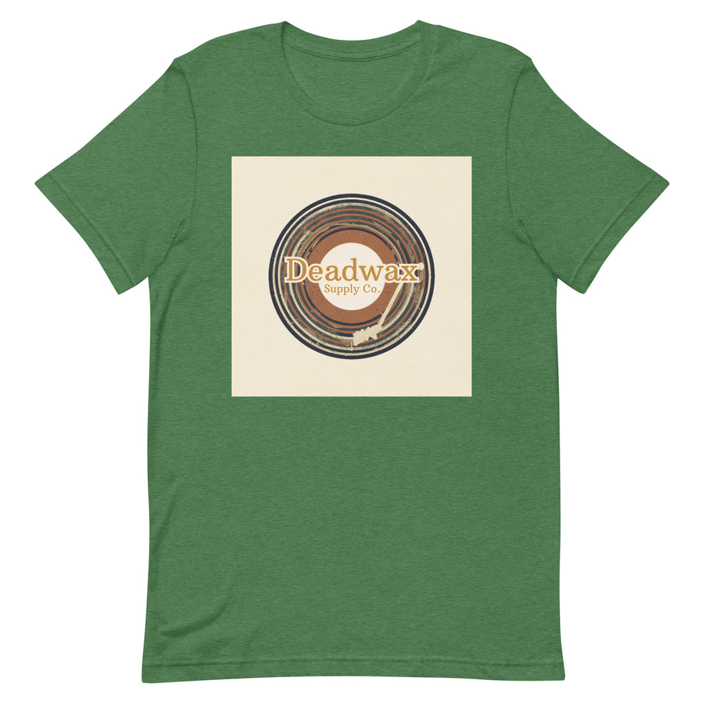 Deadwax Tonearm Tee in heather grass green – vinyl record collector t-shirt with tonearm and record logo