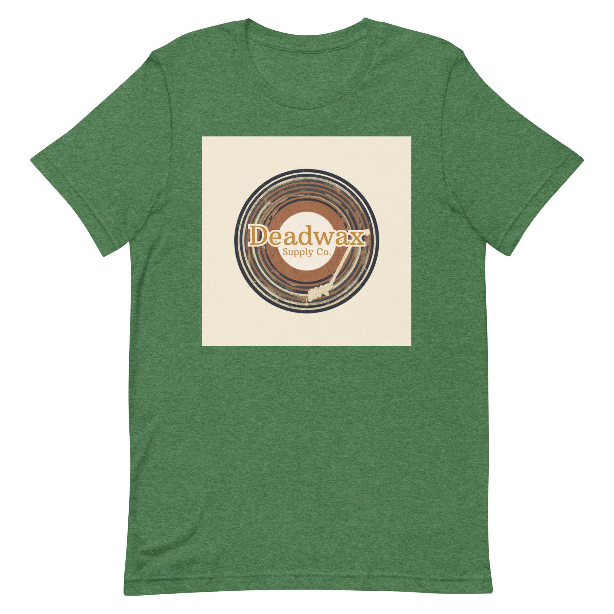 Deadwax Tonearm Tee in heather grass green – vinyl record collector t-shirt with tonearm and record logo