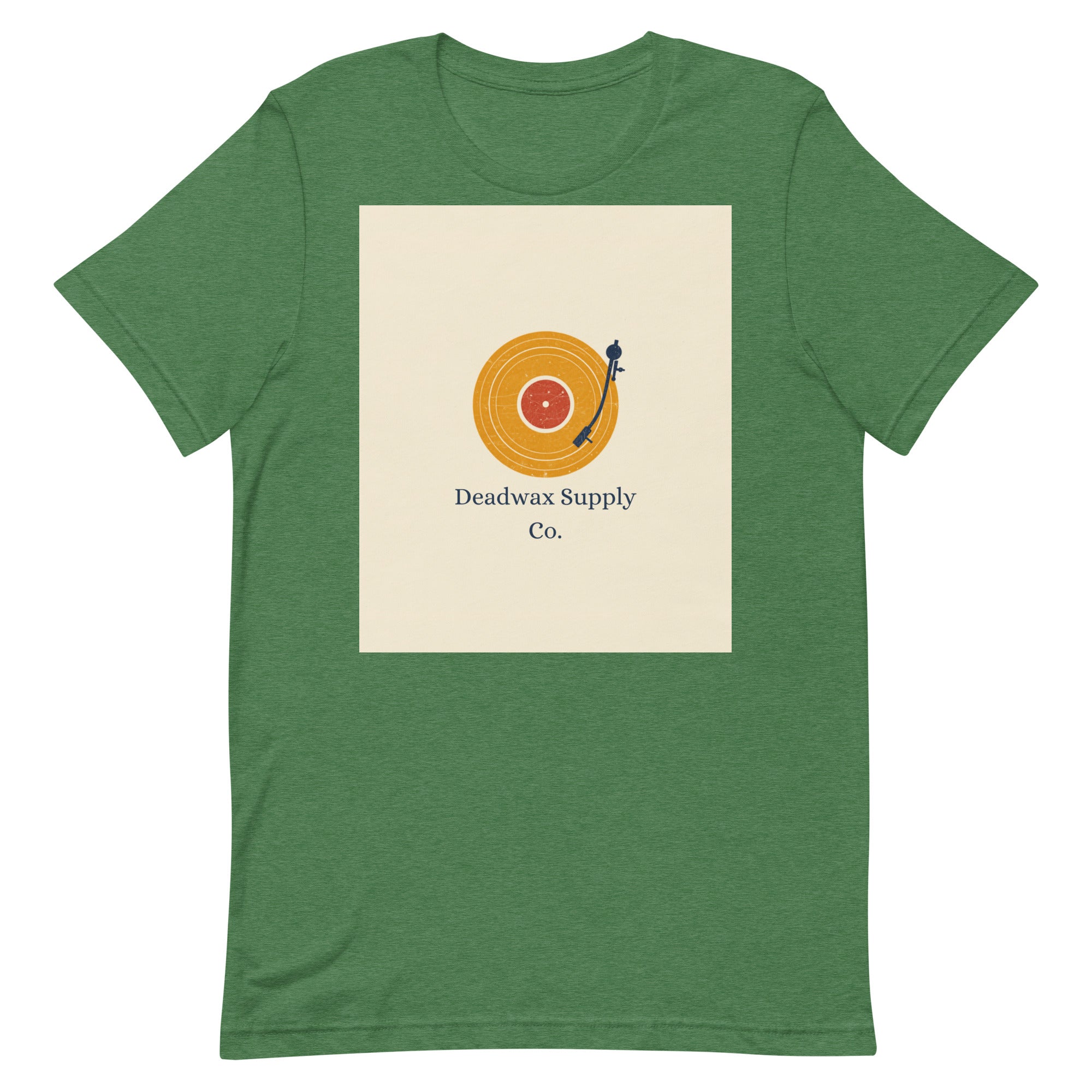 Deadwax Tonearm Tee in heather grass green – vinyl record collector t-shirt with tonearm and record logo