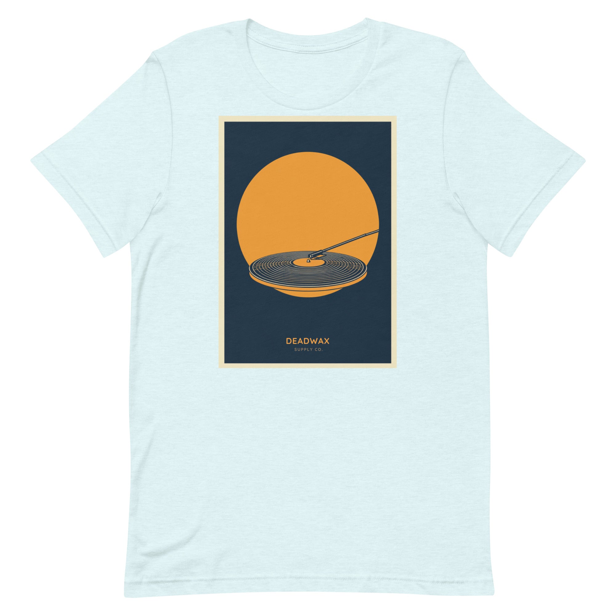 Deadwax Tonearm Tee in heather ice blue – vinyl record collector t-shirt with tonearm and record logo