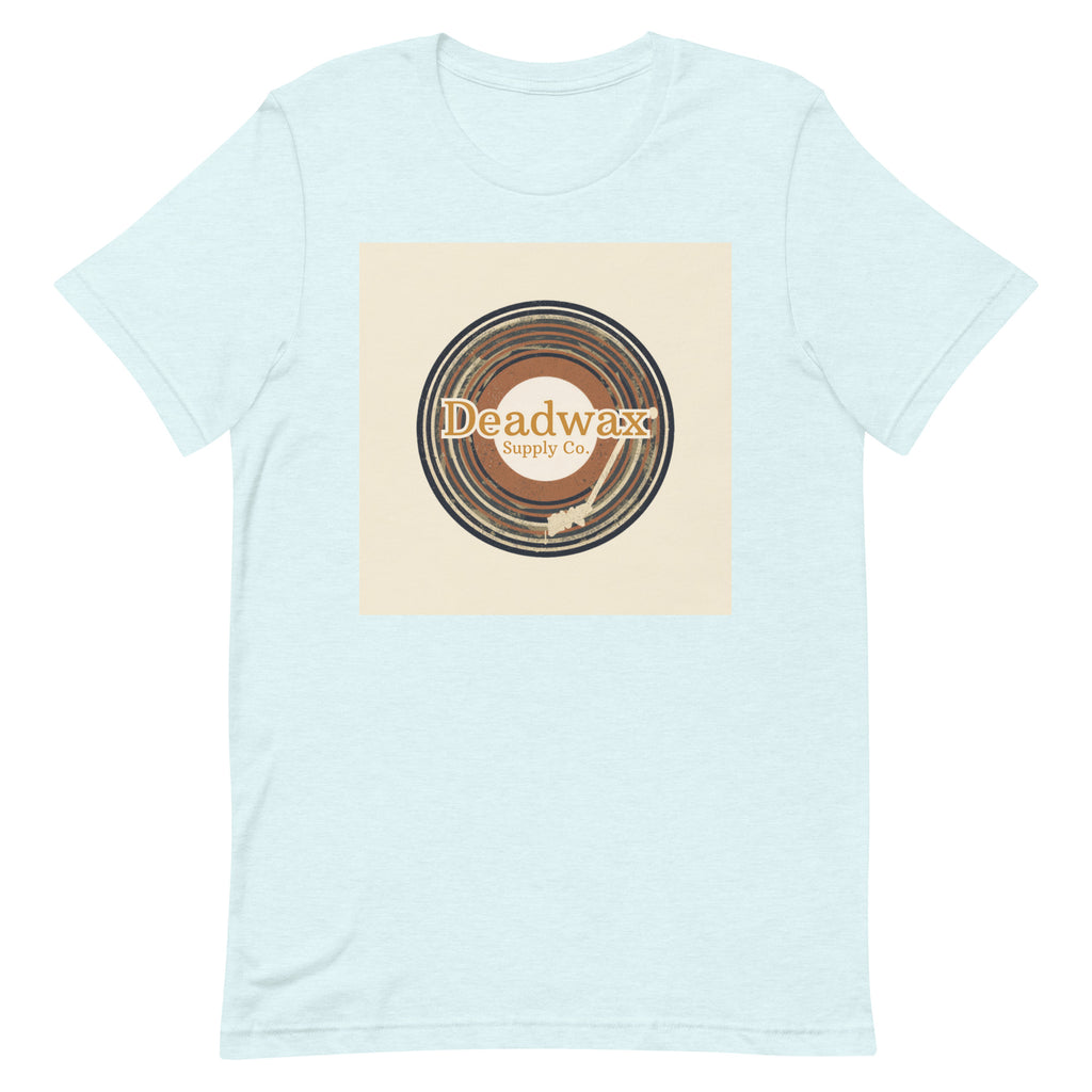 Deadwax Tonearm Tee in heather ice blue – vinyl record collector t-shirt with tonearm and record logo