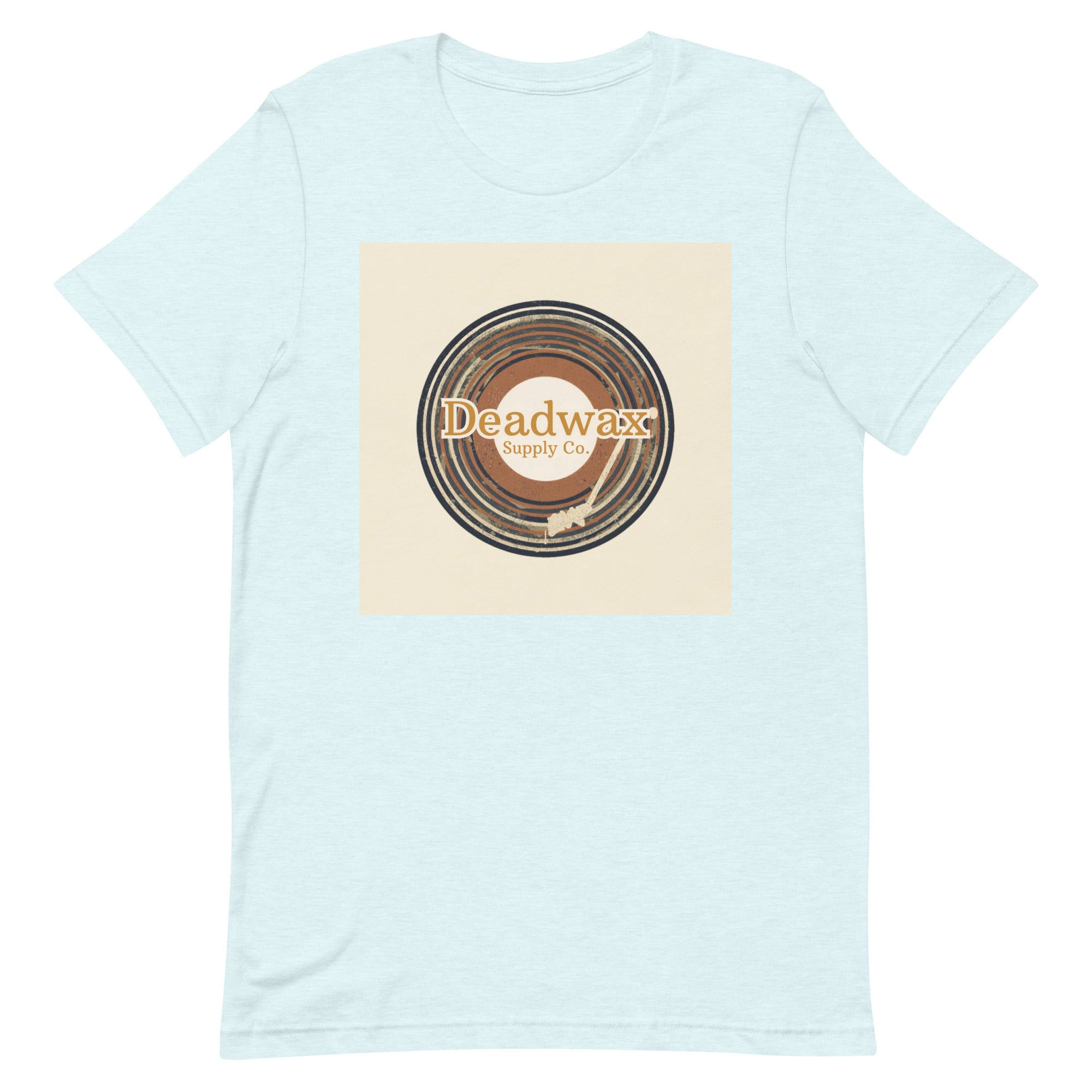 Deadwax Tonearm Tee in heather ice blue – vinyl record collector t-shirt with tonearm and record logo