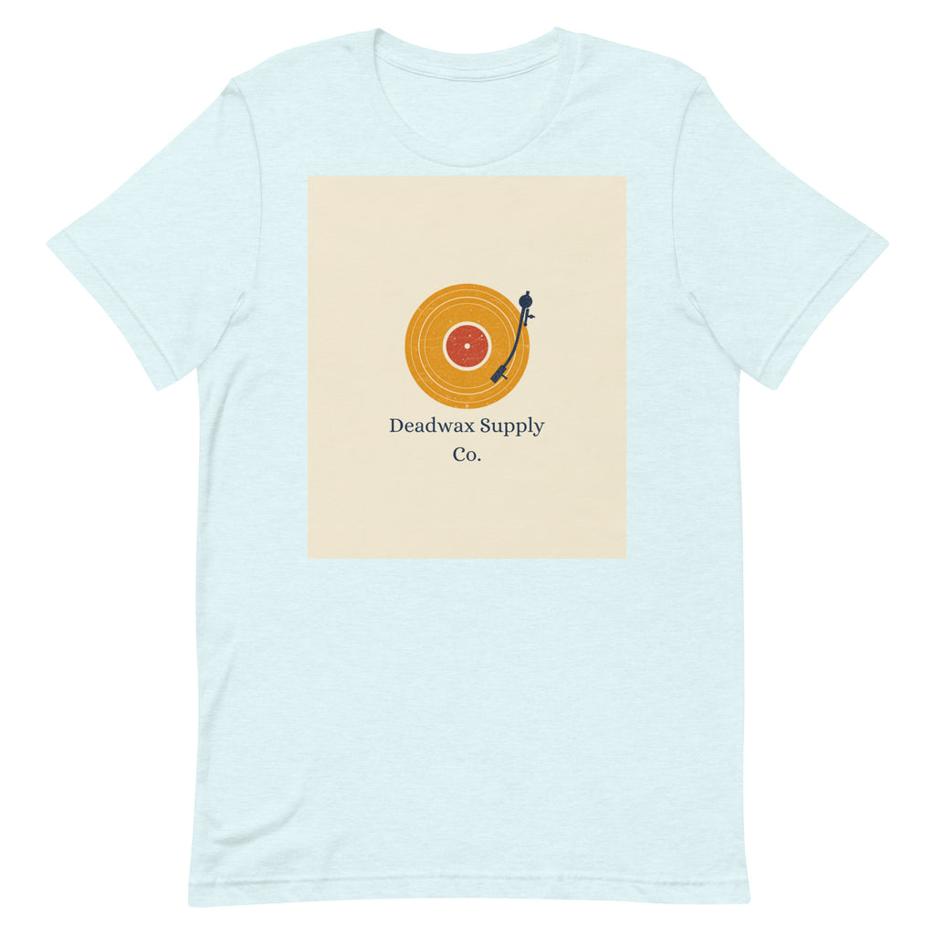 Deadwax Tonearm Tee in heather ice blue – vinyl record collector t-shirt with tonearm and record logo