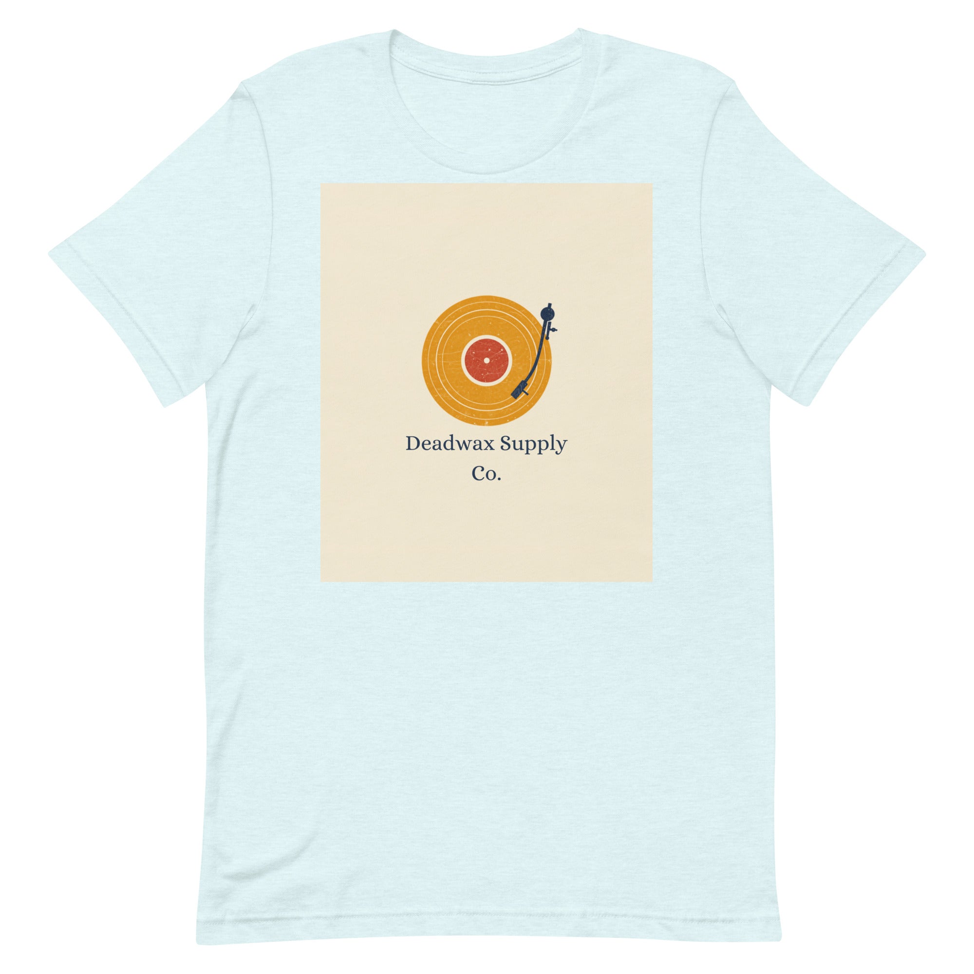 Deadwax Tonearm Tee in heather ice blue – vinyl record collector t-shirt with tonearm and record logo