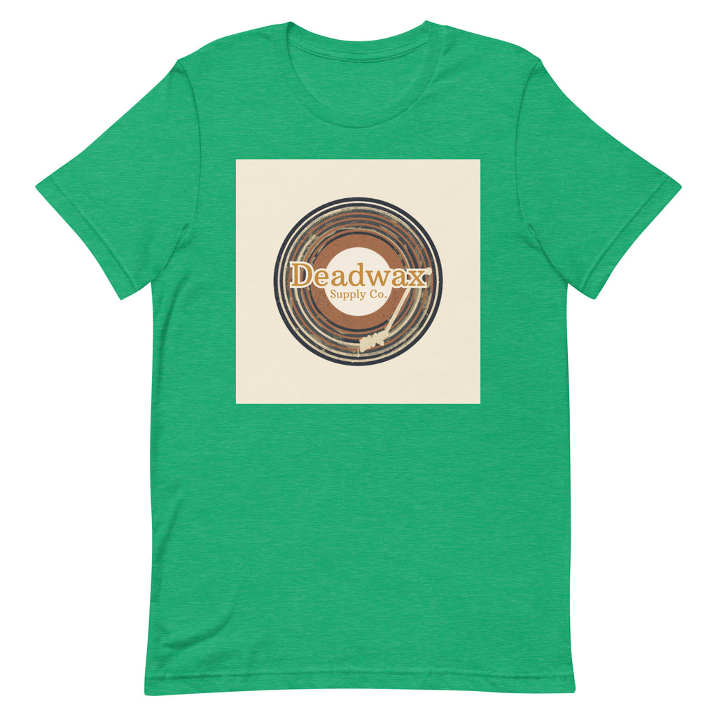 Deadwax Tonearm Tee in heather kelly – vinyl record collector t-shirt with tonearm and record logo