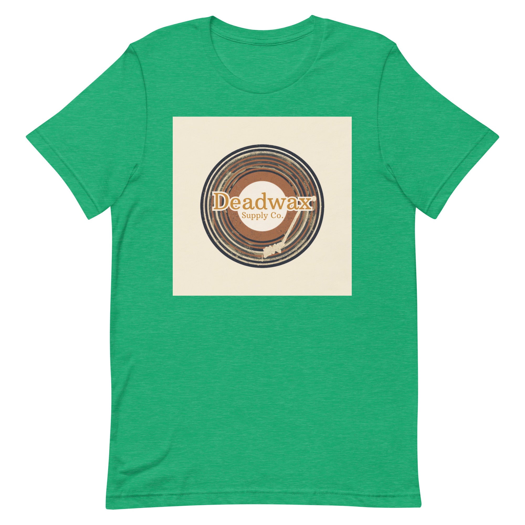 Deadwax Tonearm Tee in heather kelly – vinyl record collector t-shirt with tonearm and record logo