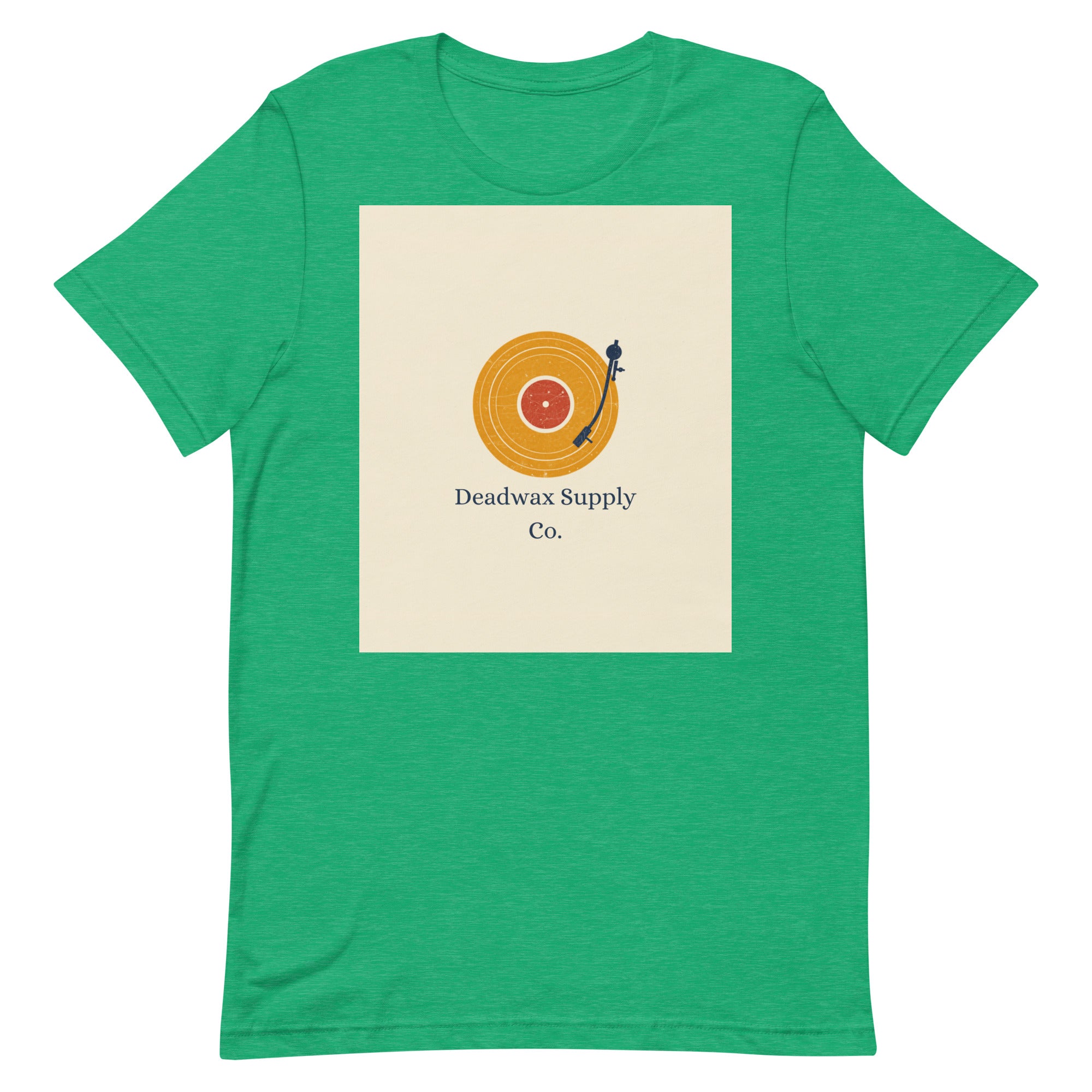 Deadwax Tonearm Tee in heather kelly – vinyl record collector t-shirt with tonearm and record logo