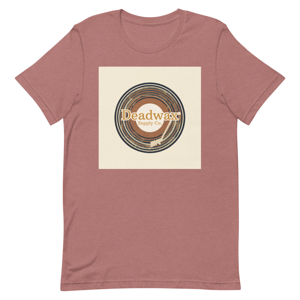 Deadwax Tonearm Tee in heather mauve – vinyl record collector t-shirt with tonearm and record logo
