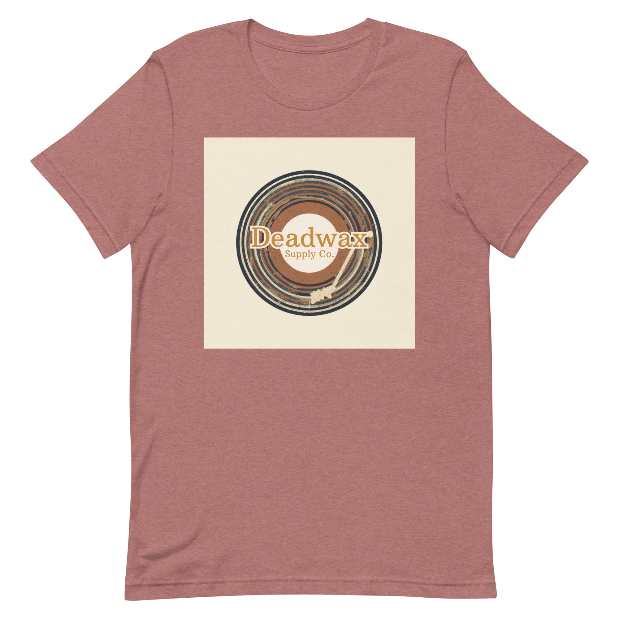 Deadwax Tonearm Tee in heather mauve – vinyl record collector t-shirt with tonearm and record logo
