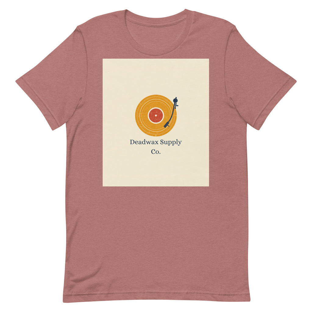 Deadwax Tonearm Tee in heather mauve – vinyl record collector t-shirt with tonearm and record logo