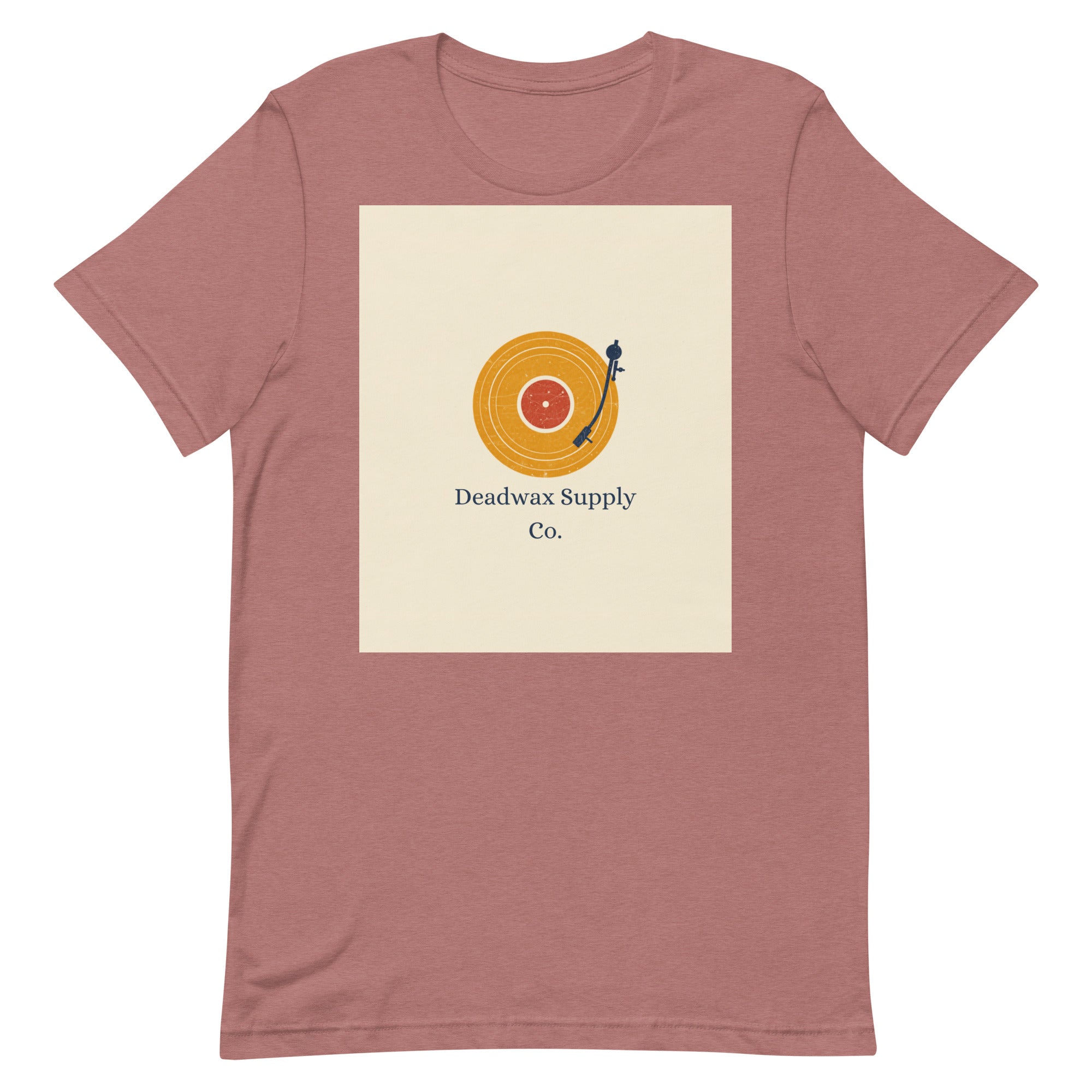 Deadwax Tonearm Tee in heather mauve – vinyl record collector t-shirt with tonearm and record logo