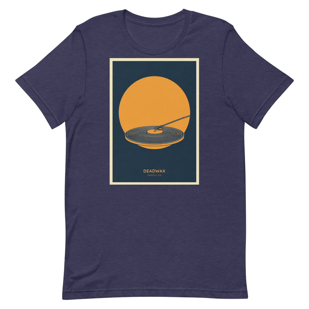 Deadwax Tonearm Tee in heather midnight navy – vinyl record collector t-shirt with tonearm and record logo