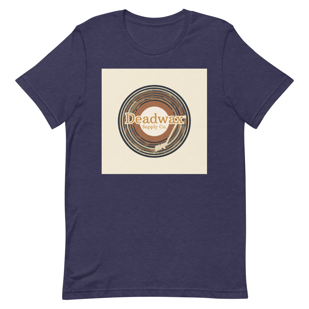 Deadwax Tonearm Tee in heather midnight navy – vinyl record collector t-shirt with tonearm and record logo