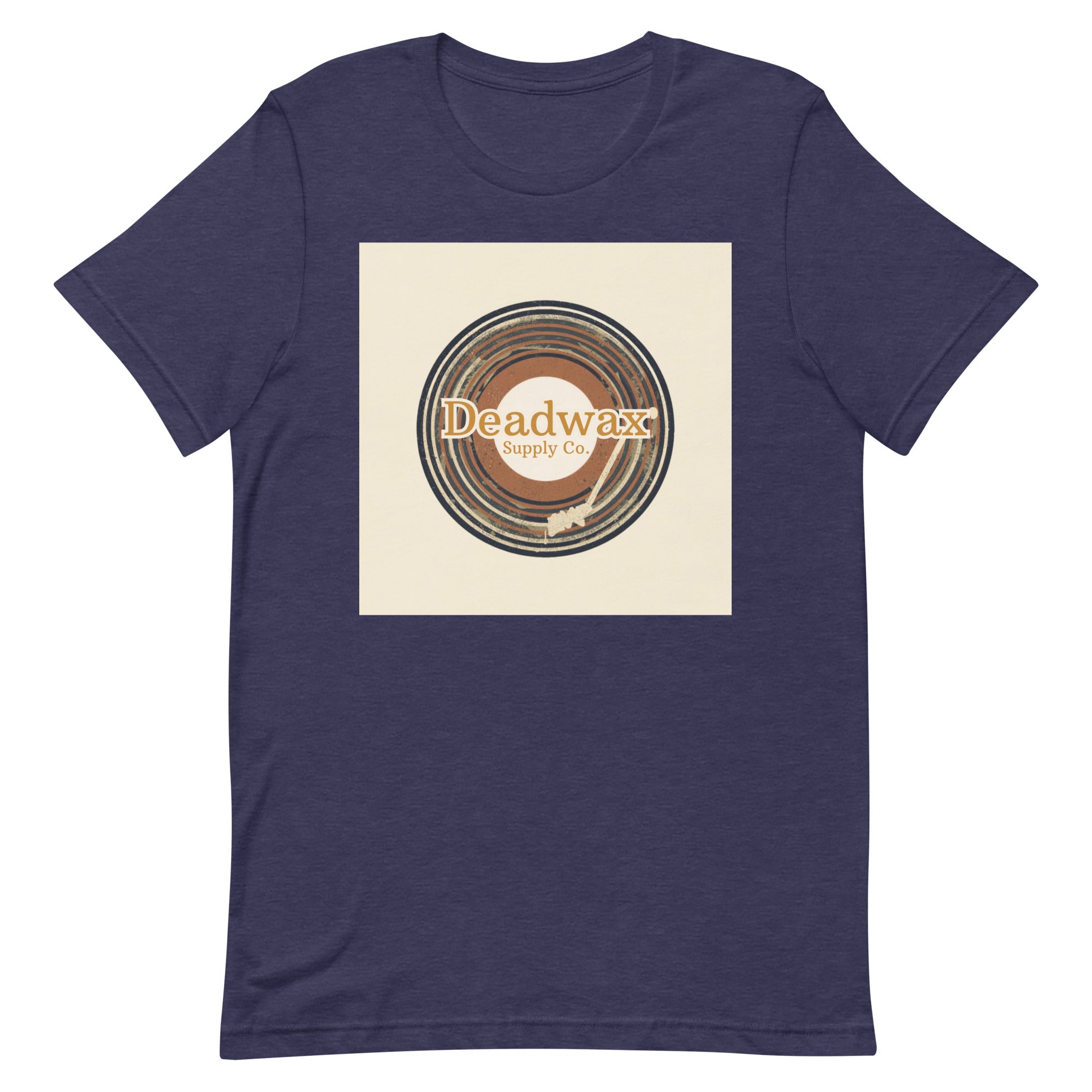 Deadwax Tonearm Tee in heather midnight navy – vinyl record collector t-shirt with tonearm and record logo