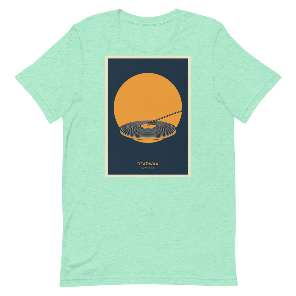 Deadwax Tonearm Tee in heather mint – vinyl record collector t-shirt with tonearm and record logo