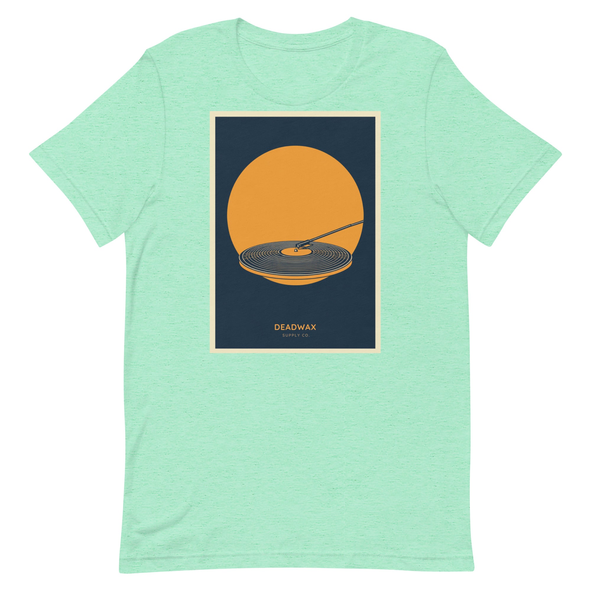 Deadwax Tonearm Tee in heather mint – vinyl record collector t-shirt with tonearm and record logo