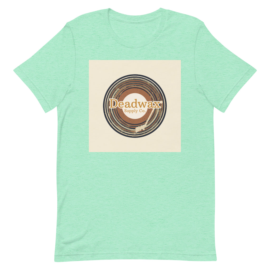 Deadwax Tonearm Tee in heather mint – vinyl record collector t-shirt with tonearm and record logo