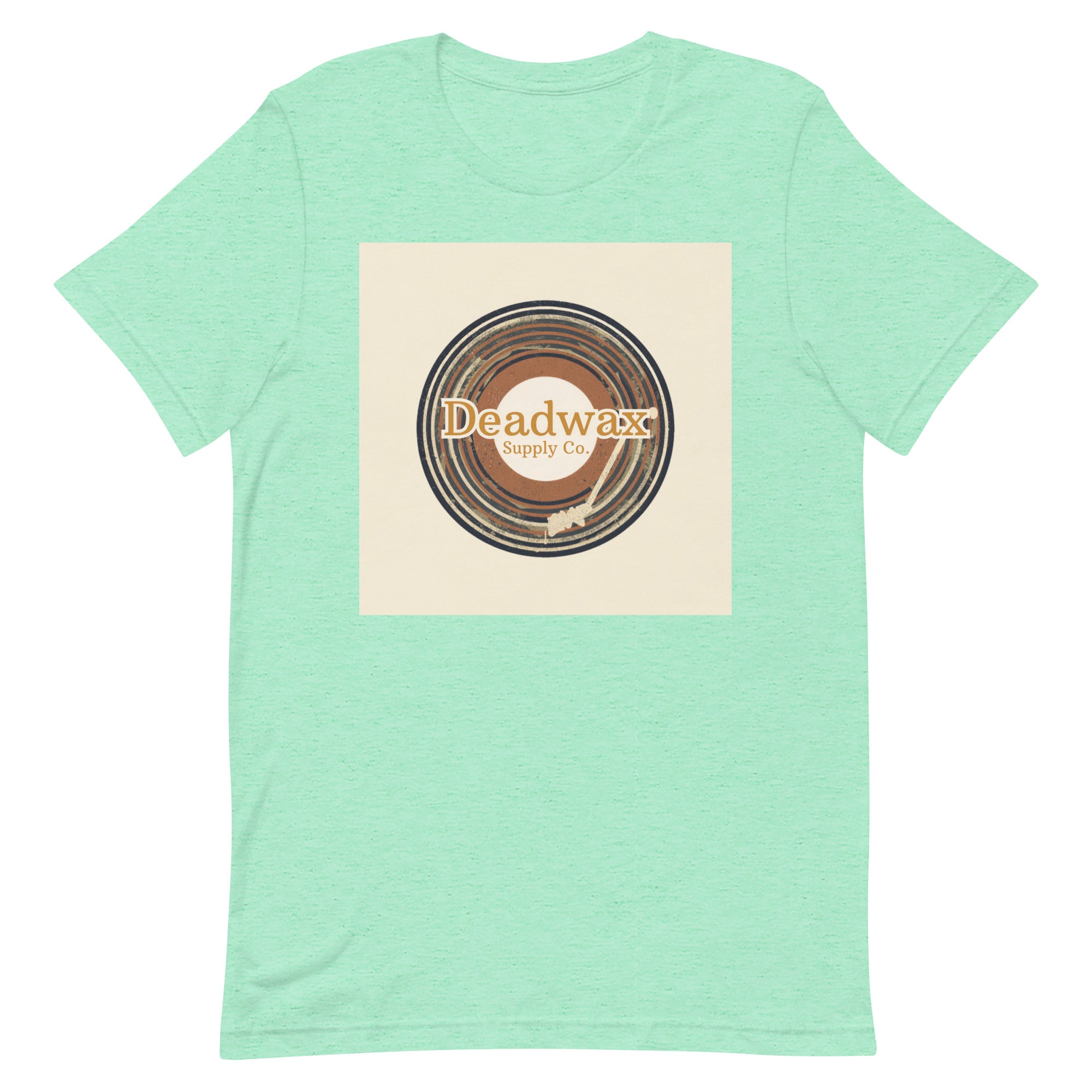 Deadwax Tonearm Tee in heather mint – vinyl record collector t-shirt with tonearm and record logo