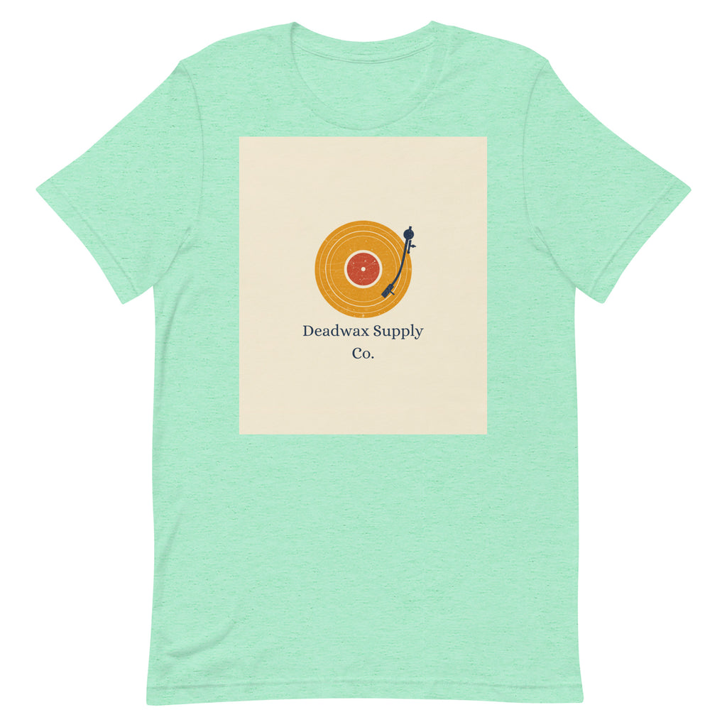 Deadwax Tonearm Tee in heather mint – vinyl record collector t-shirt with tonearm and record logo