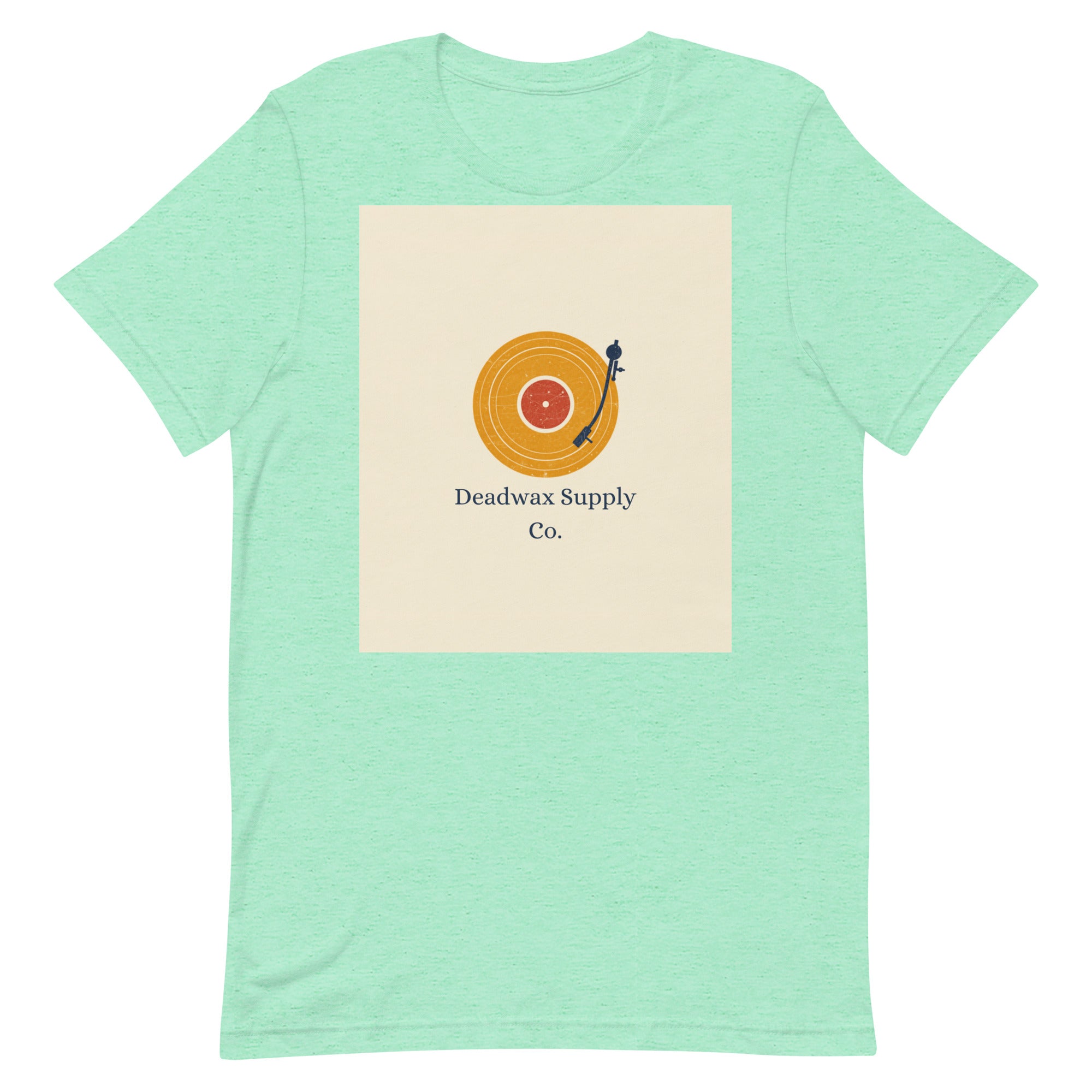 Deadwax Tonearm Tee in heather mint – vinyl record collector t-shirt with tonearm and record logo