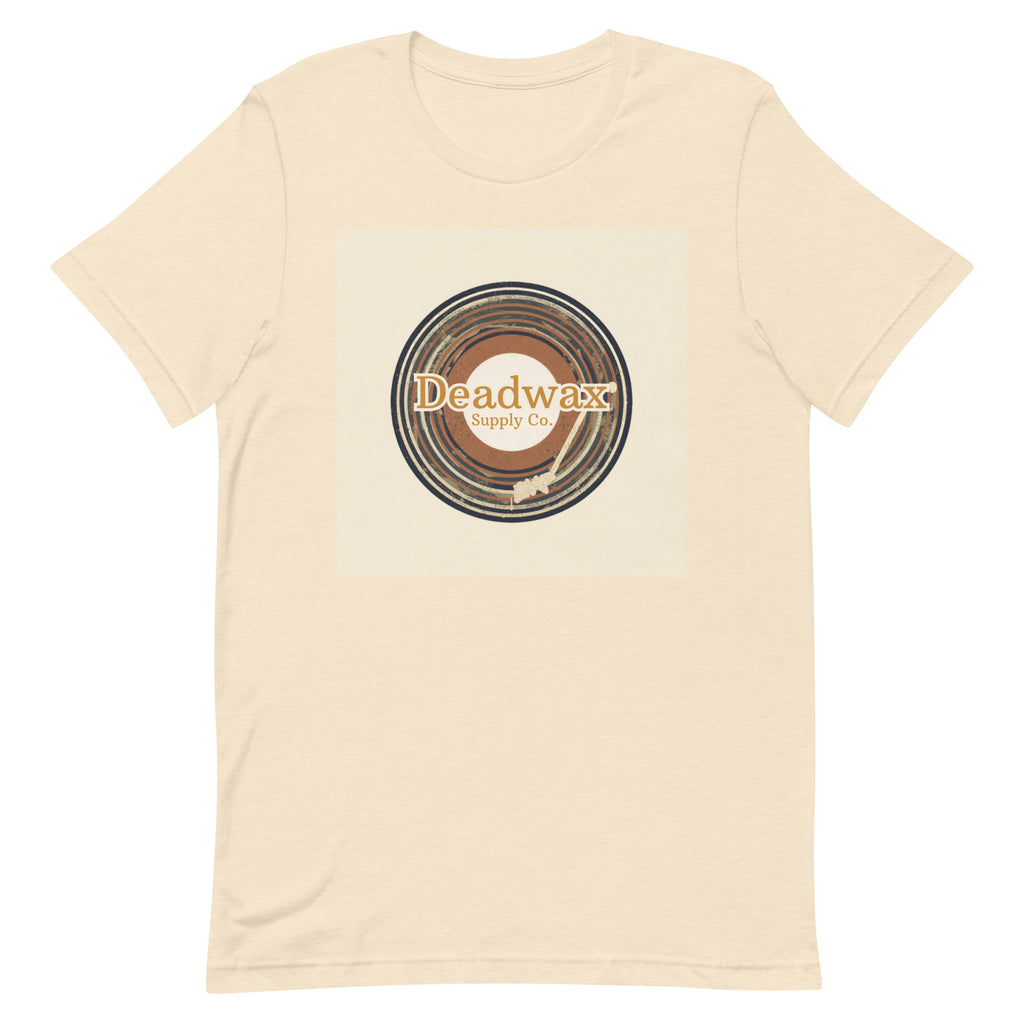 Deadwax Tonearm Tee in heather natural – vinyl record collector t-shirt with tonearm and record logo