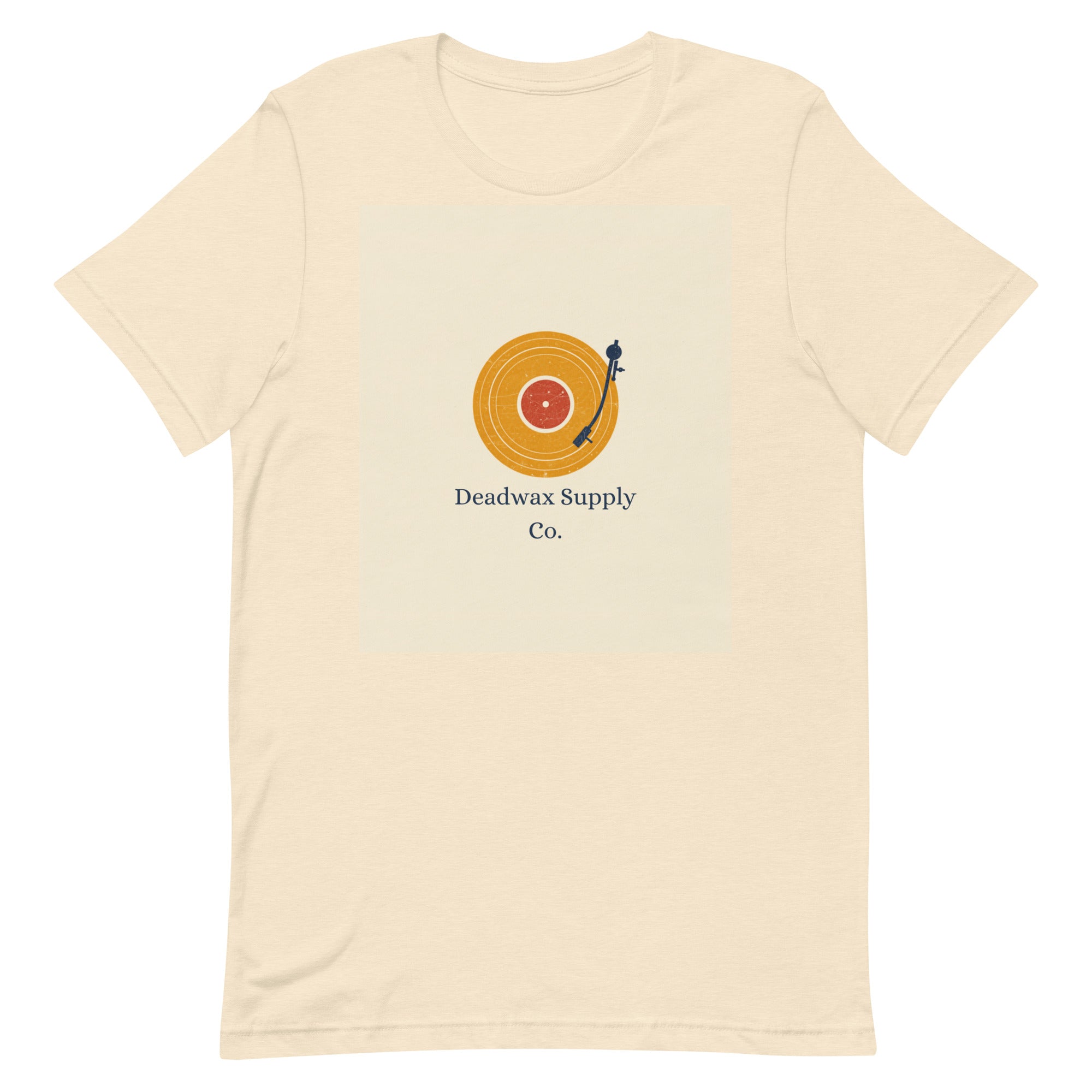 Deadwax Tonearm Tee in heather natural – vinyl record collector t-shirt with tonearm and record logo