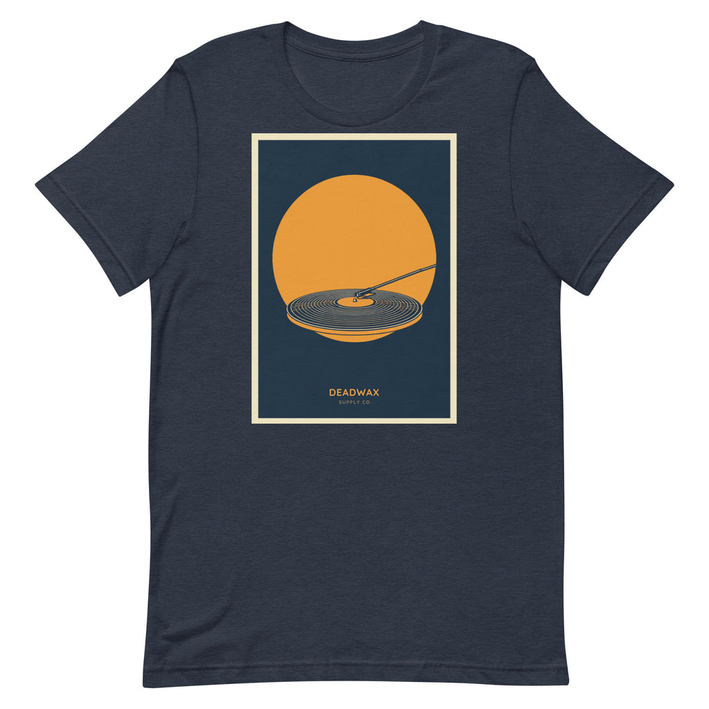 Deadwax Tonearm Tee in heather navy – vinyl record collector t-shirt with tonearm and record logo