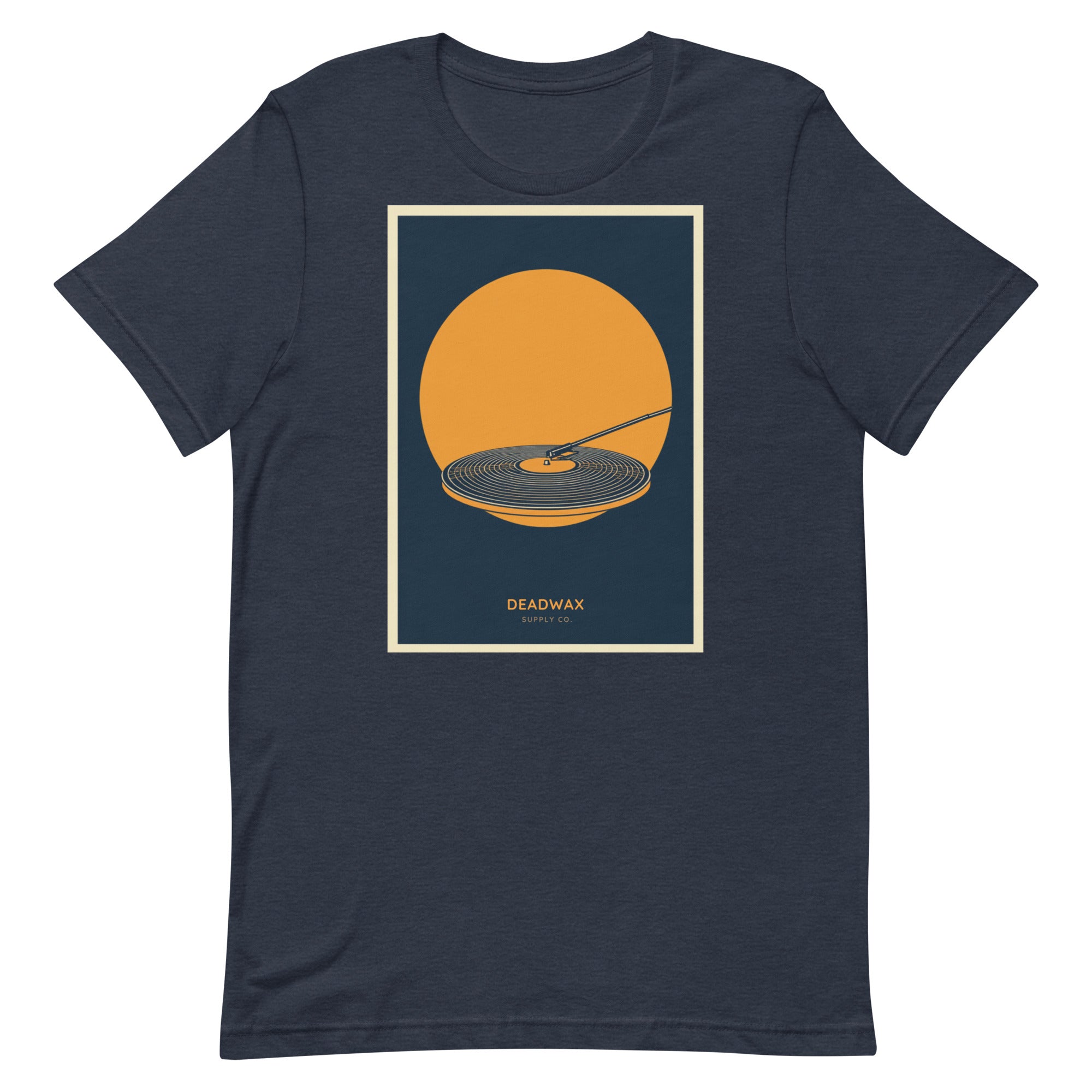 Deadwax Tonearm Tee in heather navy – vinyl record collector t-shirt with tonearm and record logo