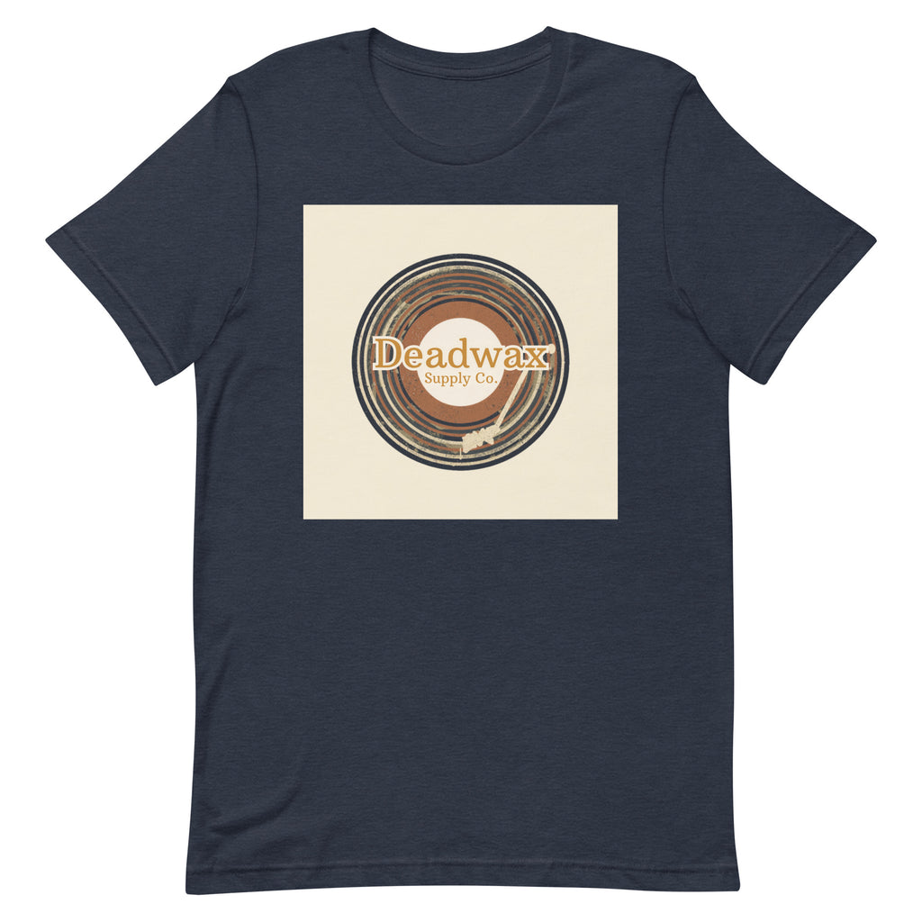 Deadwax Tonearm Tee in heather navy – vinyl record collector t-shirt with tonearm and record logo