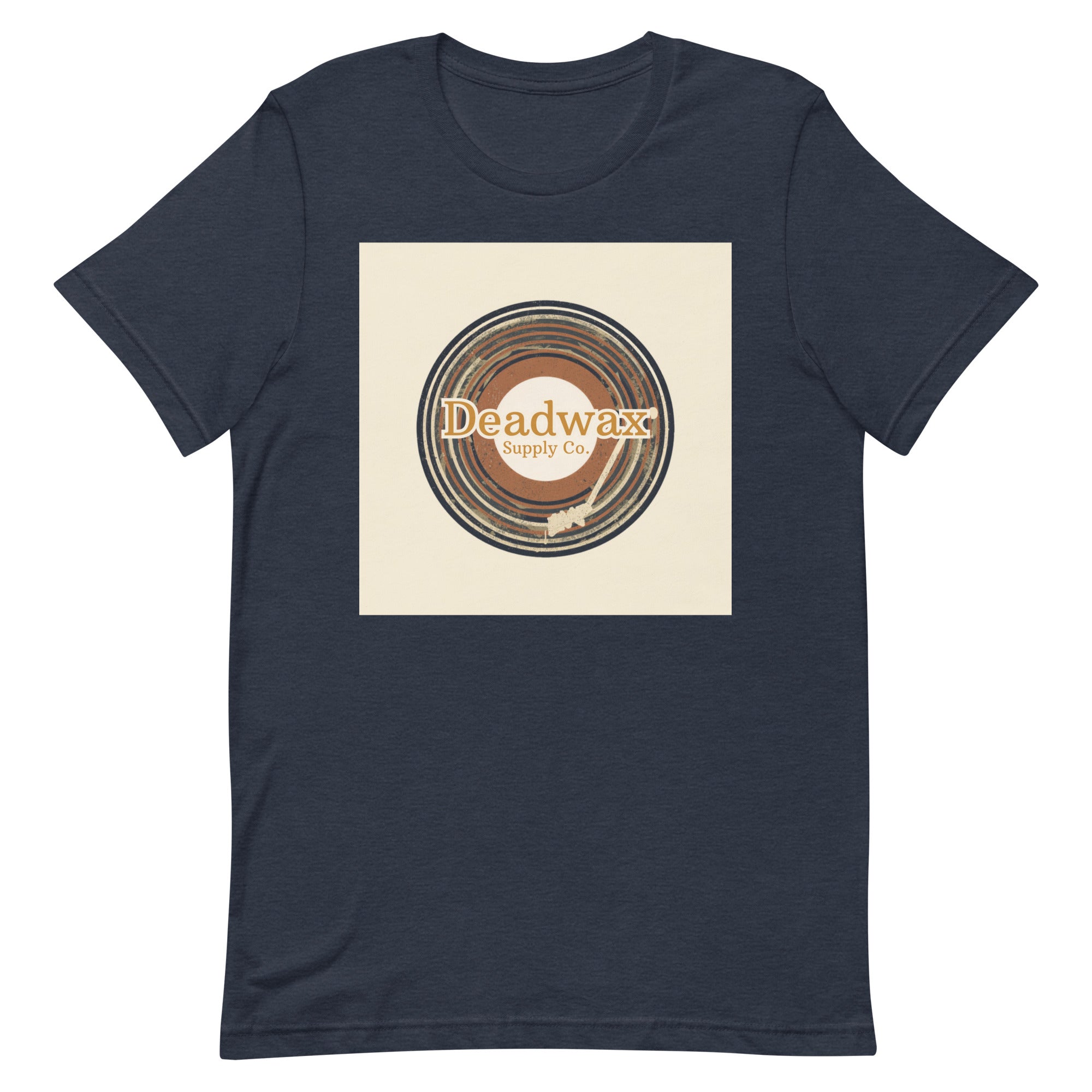 Deadwax Tonearm Tee in heather navy – vinyl record collector t-shirt with tonearm and record logo