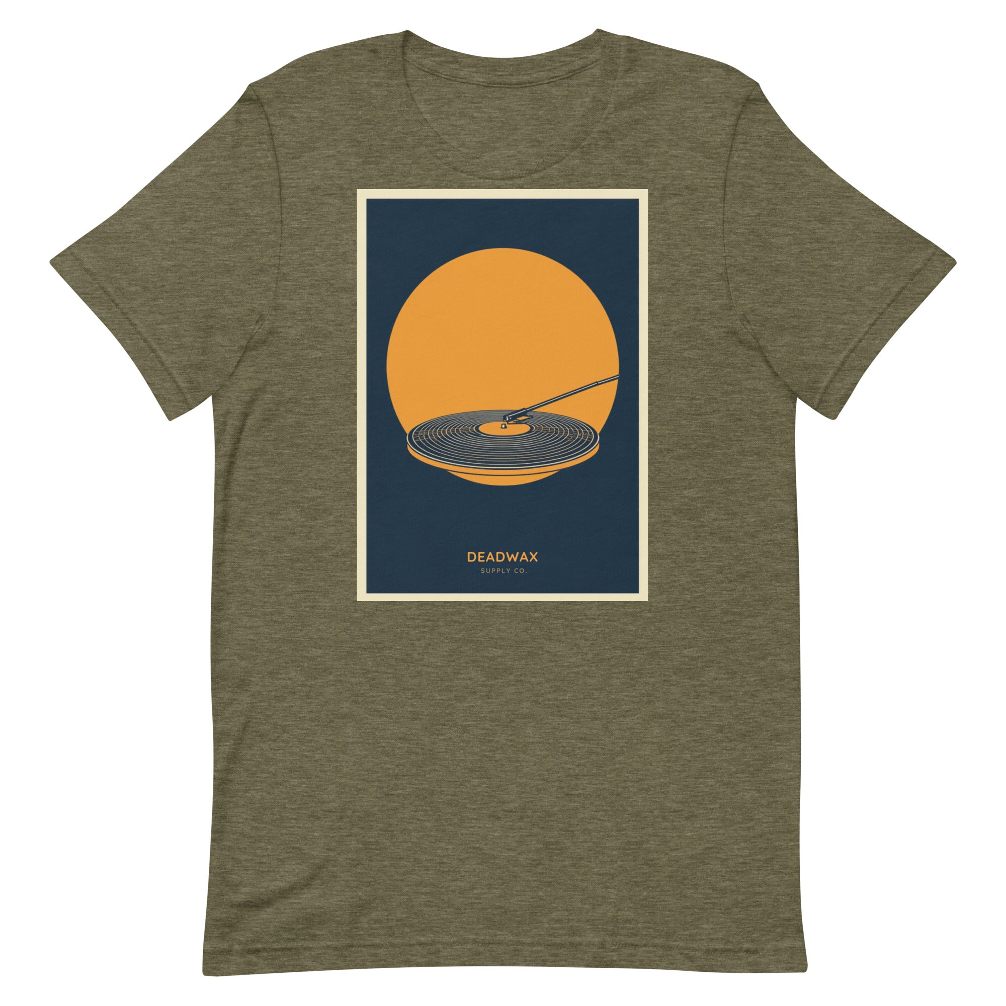Deadwax Tonearm Tee in heather olive – vinyl record collector t-shirt with tonearm and record logo