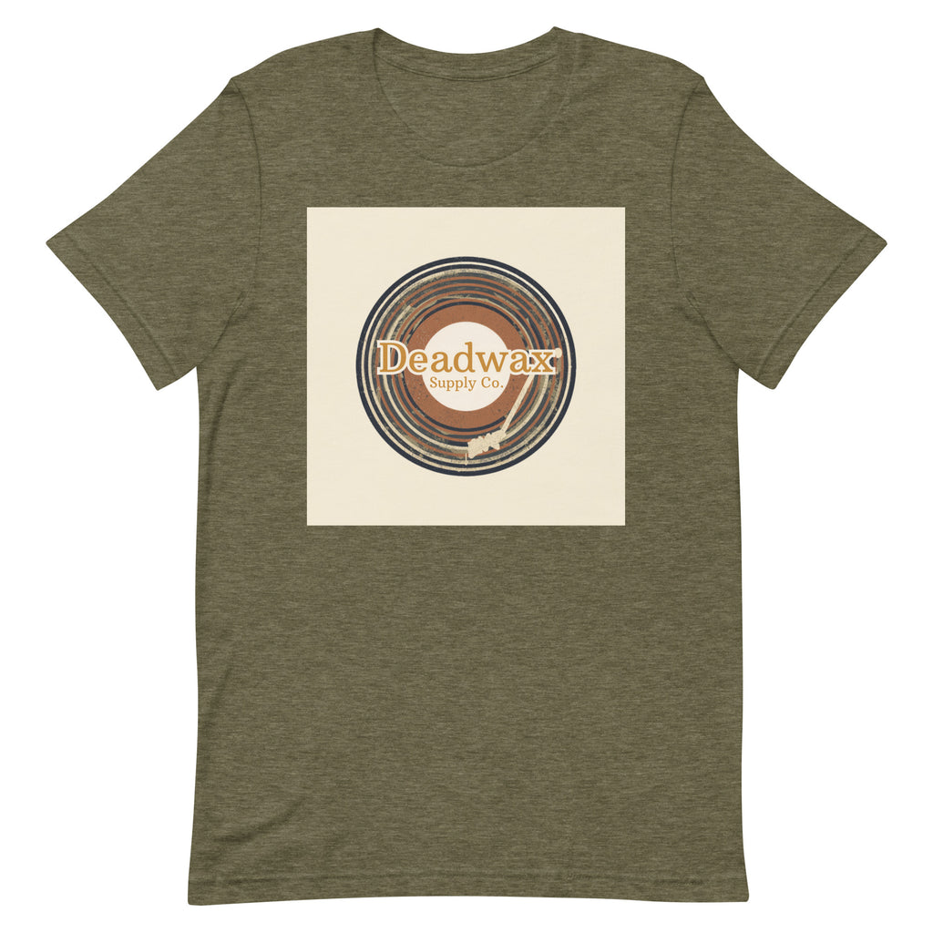 Deadwax Tonearm Tee in heather olive – vinyl record collector t-shirt with tonearm and record logo