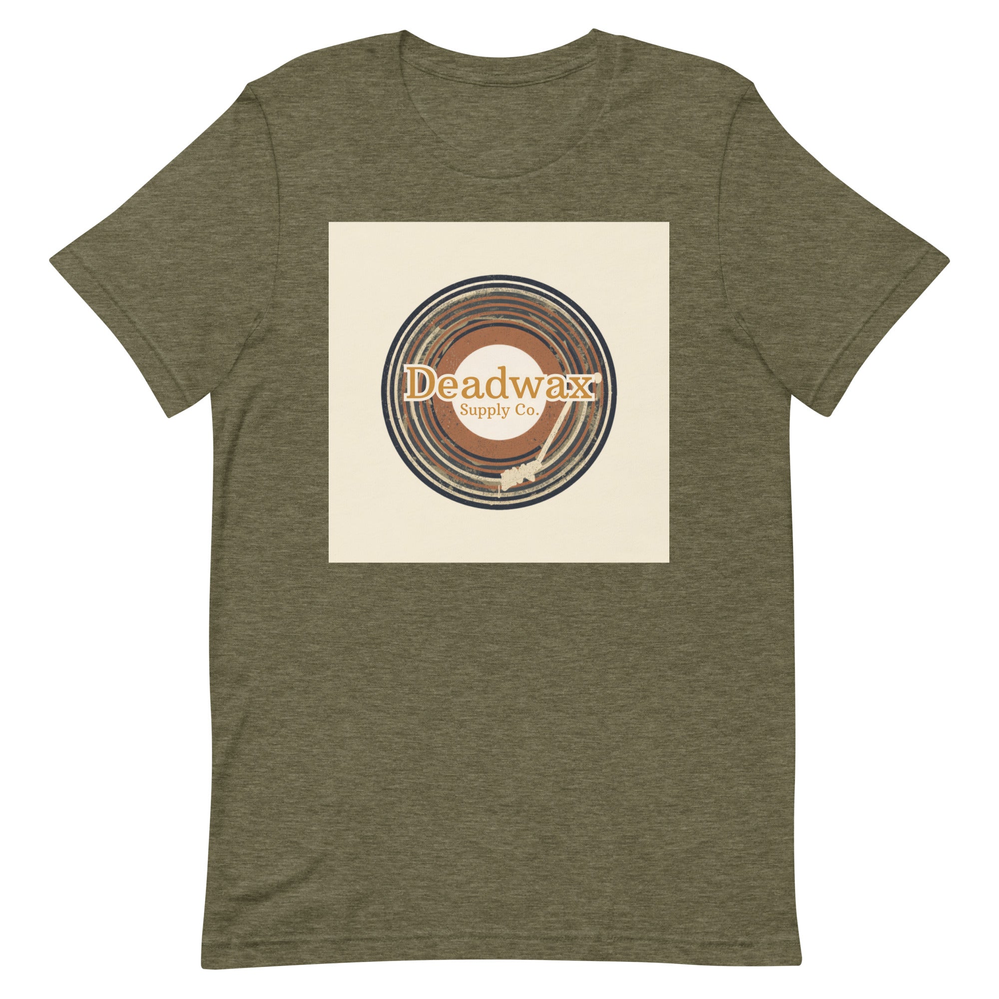 Deadwax Tonearm Tee in heather olive – vinyl record collector t-shirt with tonearm and record logo